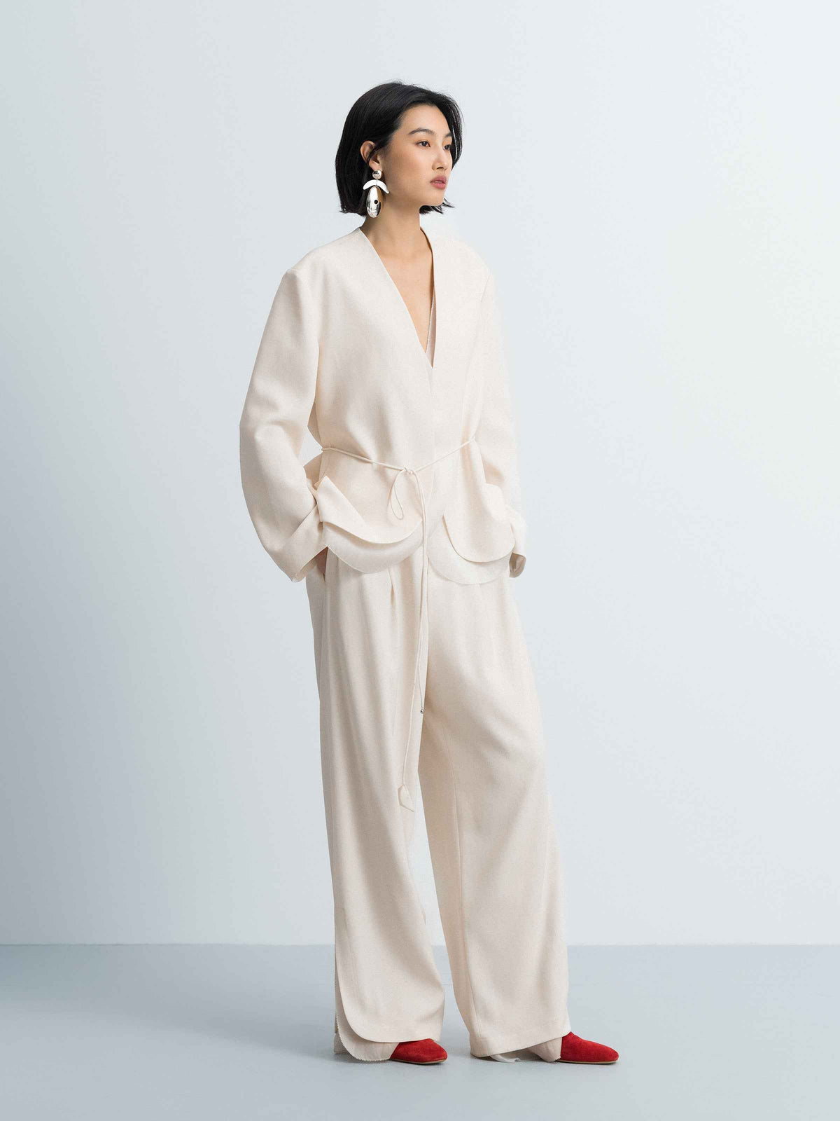 Cream White Triacetate Organza Mesh Cord Belt Blazer