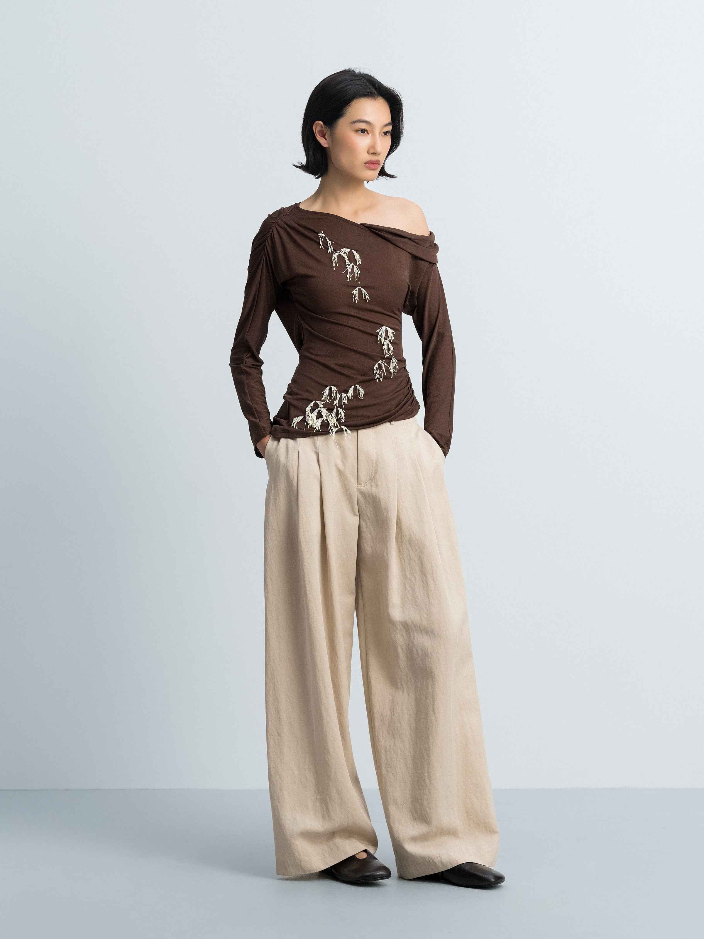Brown Acetate Poly Knit Shoulder Ruching Diagonal Hem Top