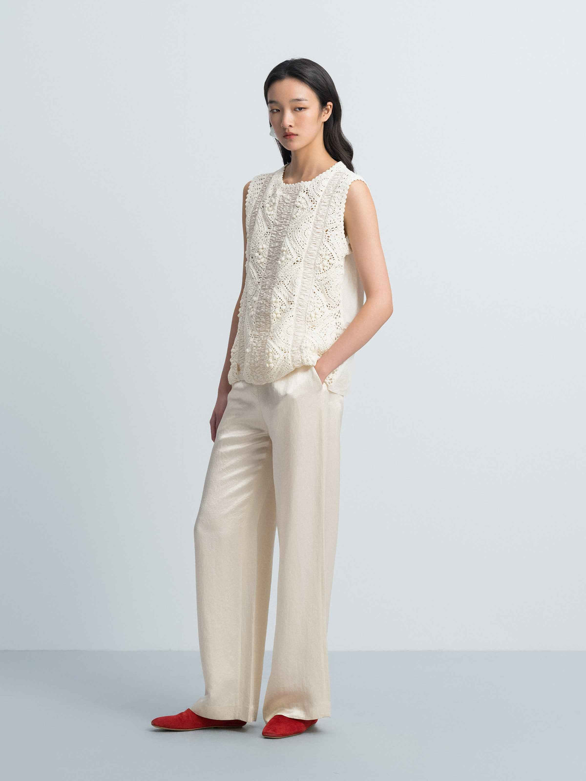Cream White Pima Cotton Crocheted Flower Straight Sleeveless Top