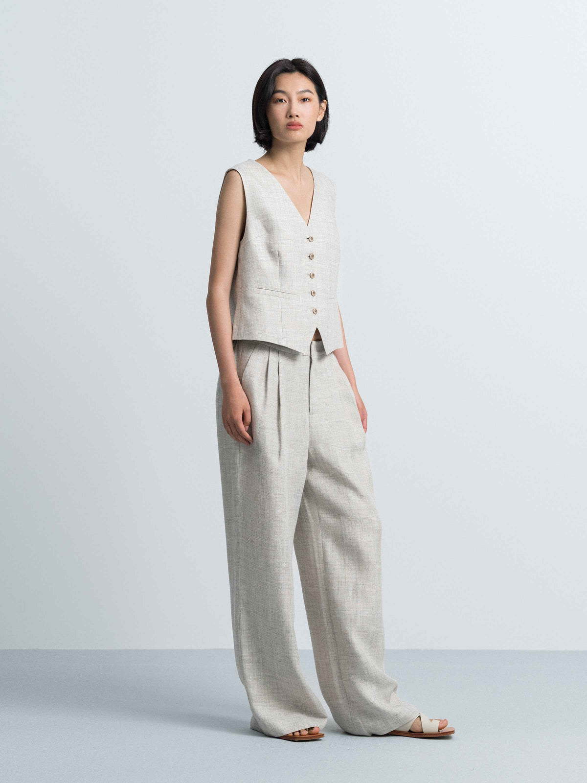 Light Gray Linen Viscose Cropped V-Neck Vest
