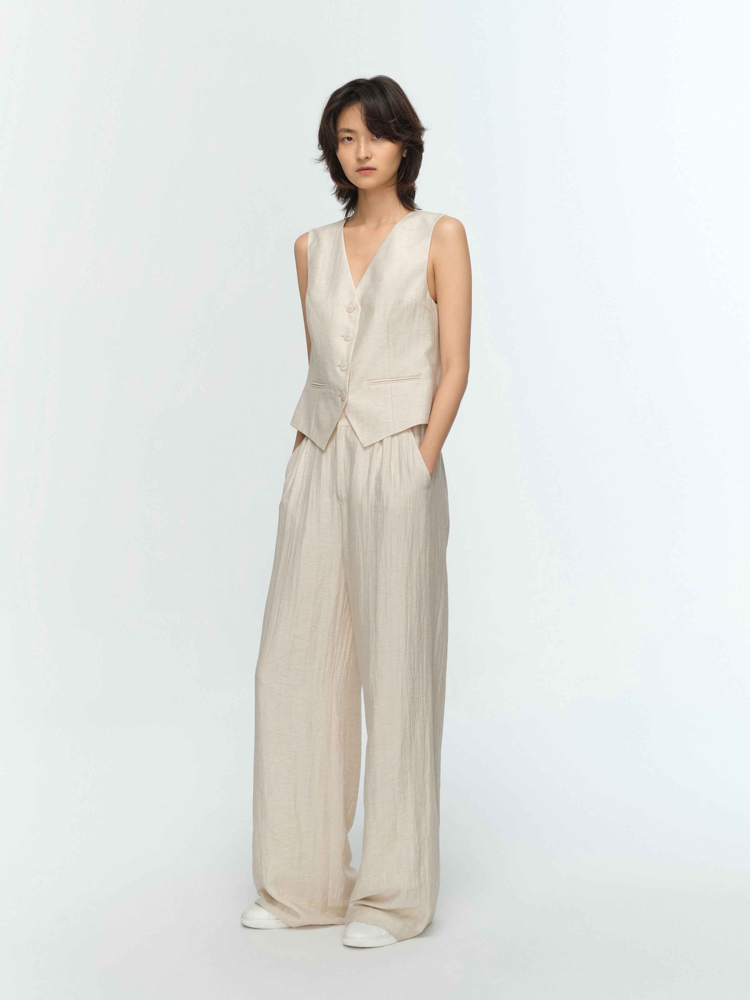 Cream White Linen Elastic Back Wide-Leg Trousers