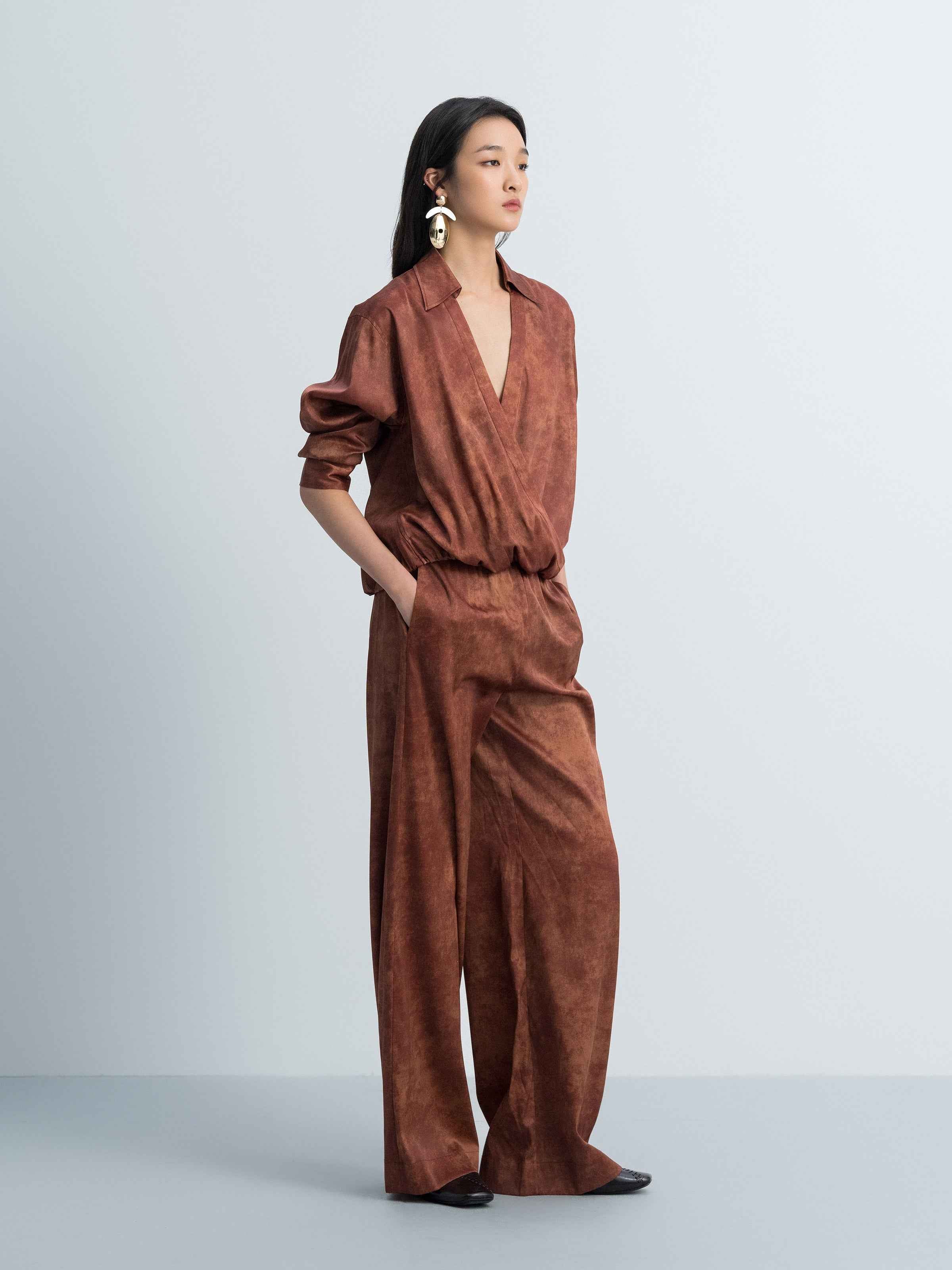 Dark Red Stretch Mulberry Satin Ruched Wide-Leg Trousers