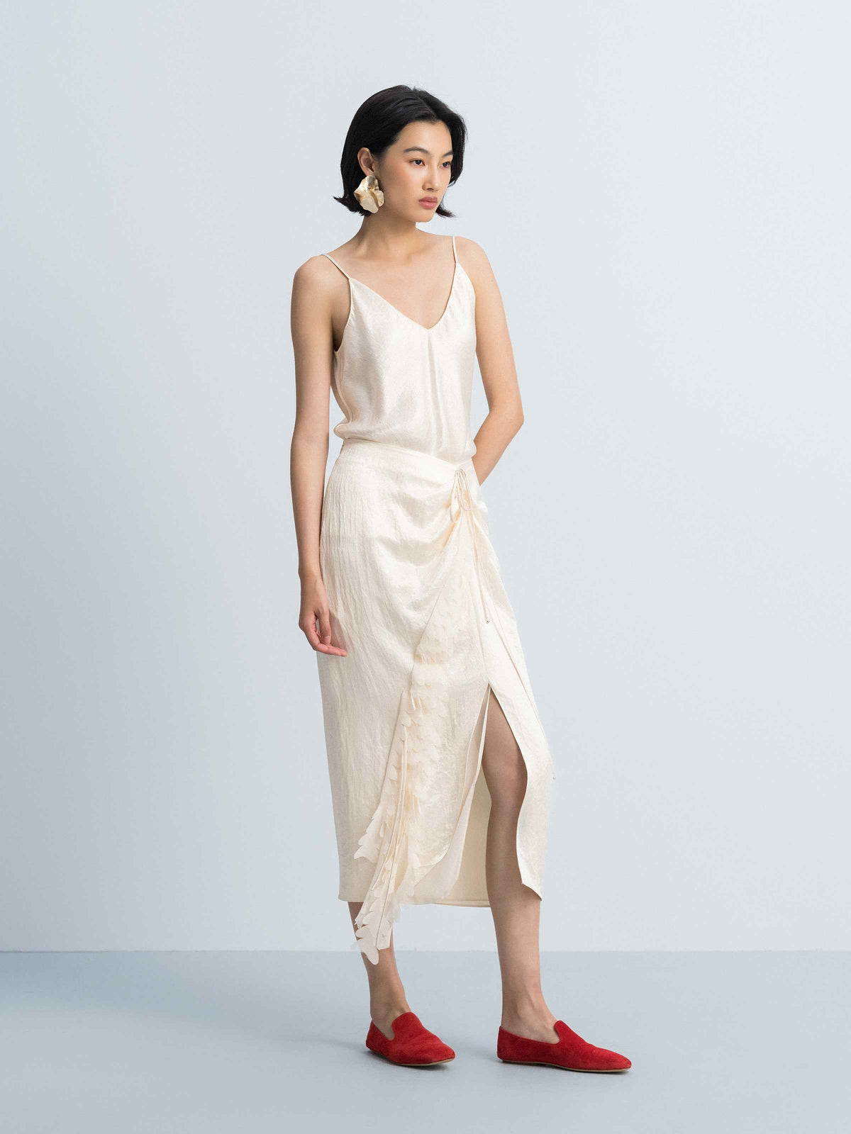 Cream White Acetate Ruched Waist Front Slit Midi Skirt