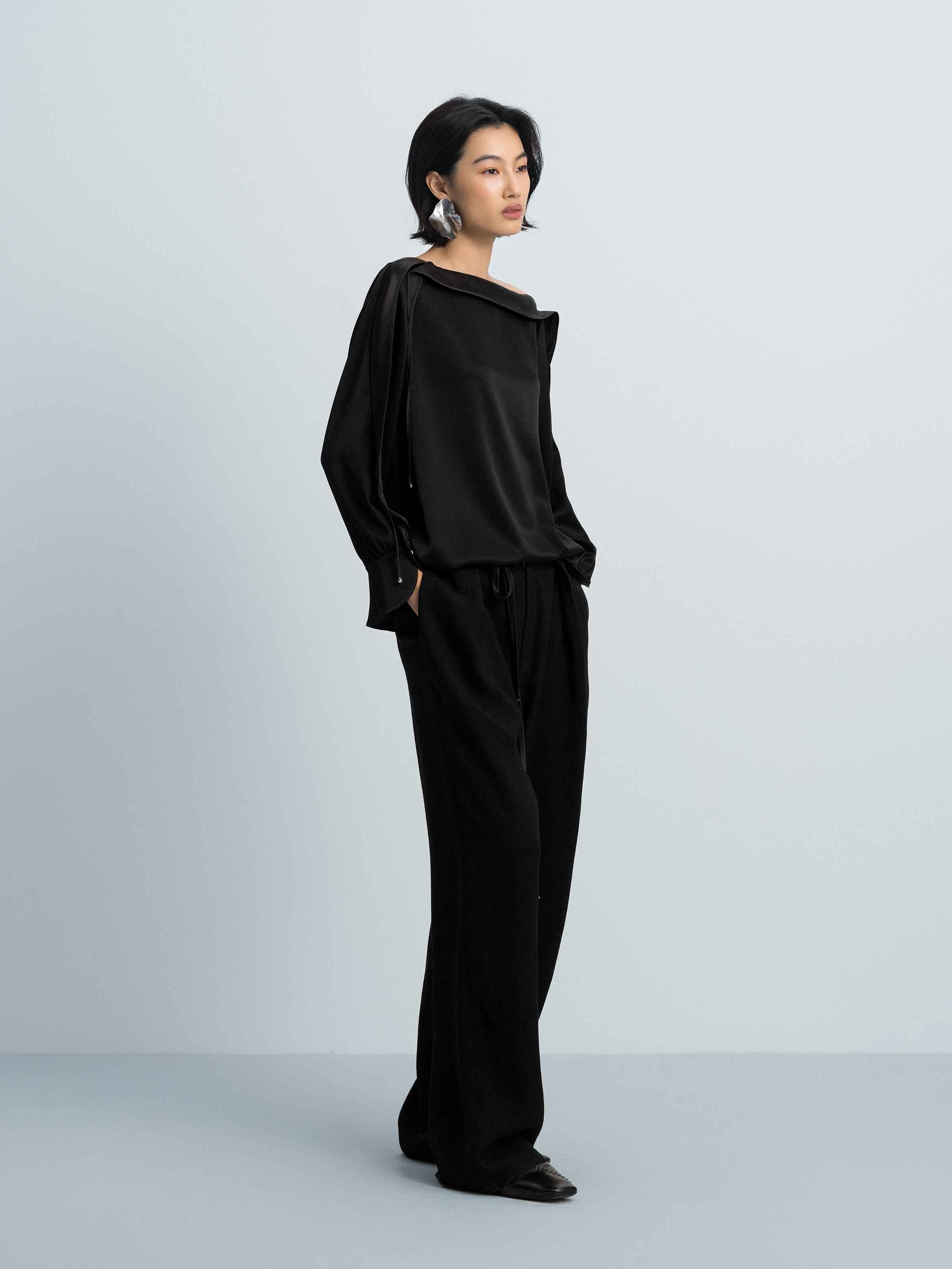 Black Diacetate Linen Weave Metal Bead Wide-Leg Trousers