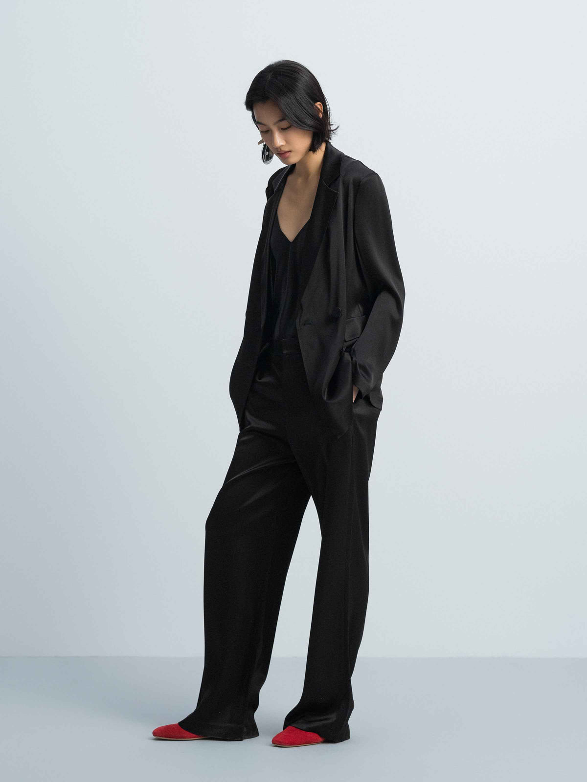 Black Triacetate Breathable Double Pocket Wide-Leg Trousers