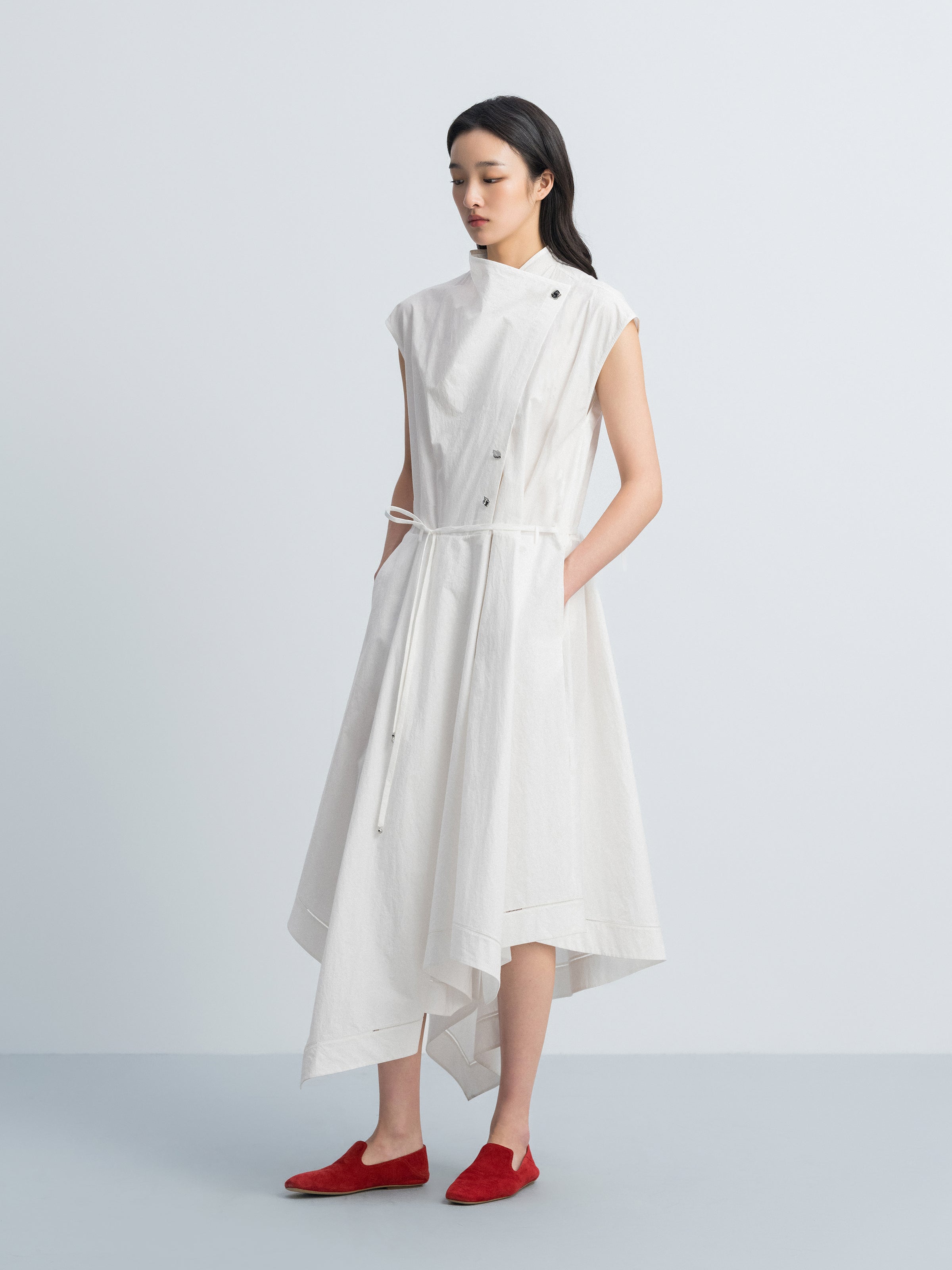 Off White Cotton Crinkle Draped Neck Belt Waist Dress