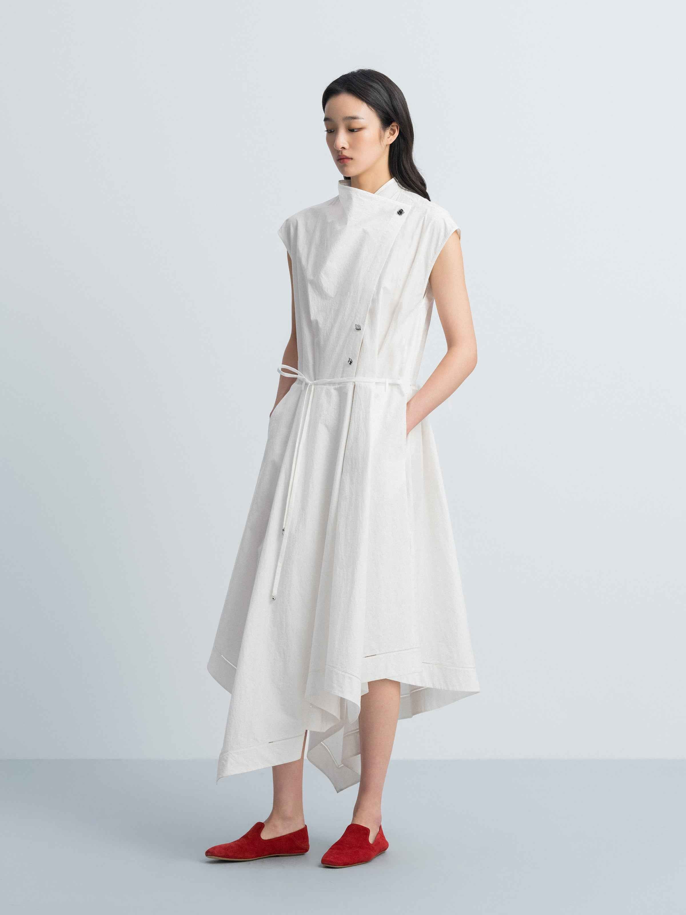 Off White Cotton Crinkle Draped Neck Belt Waist Dress