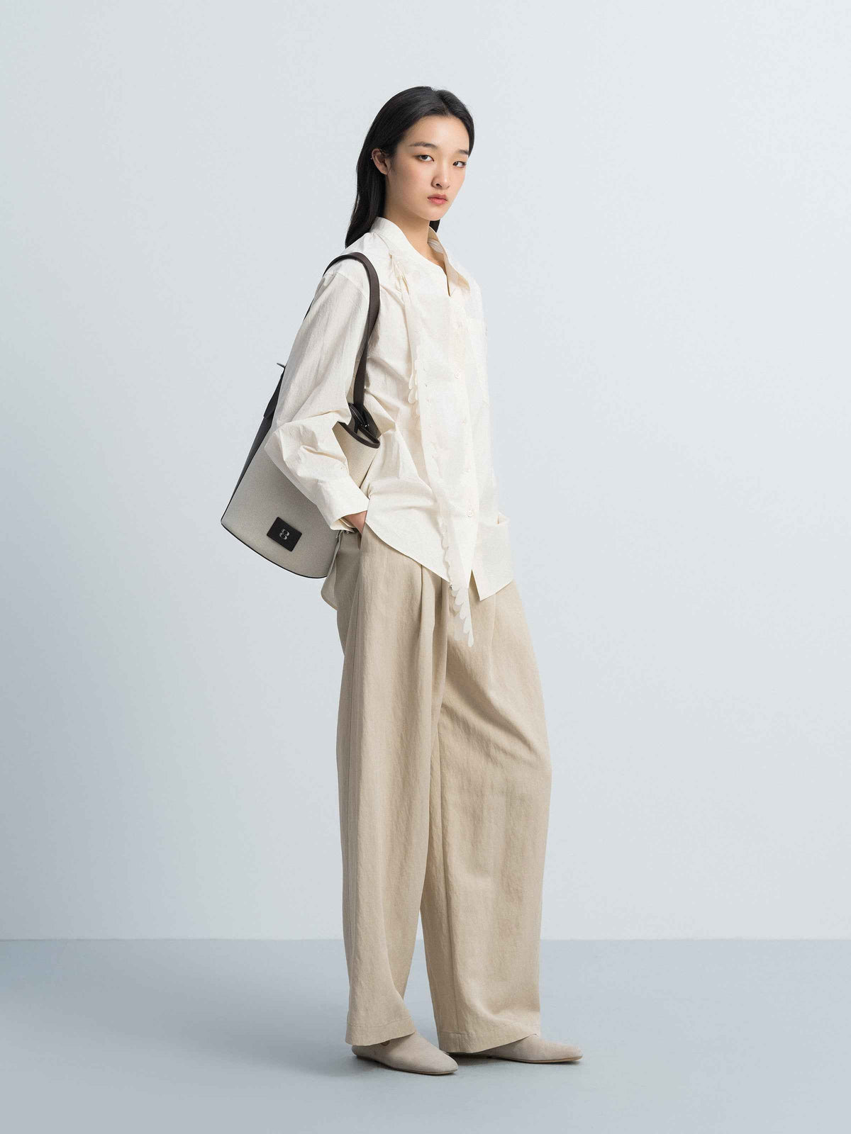 Cream White Washed Pima Cotton Stand Collar Detachable Shirt
