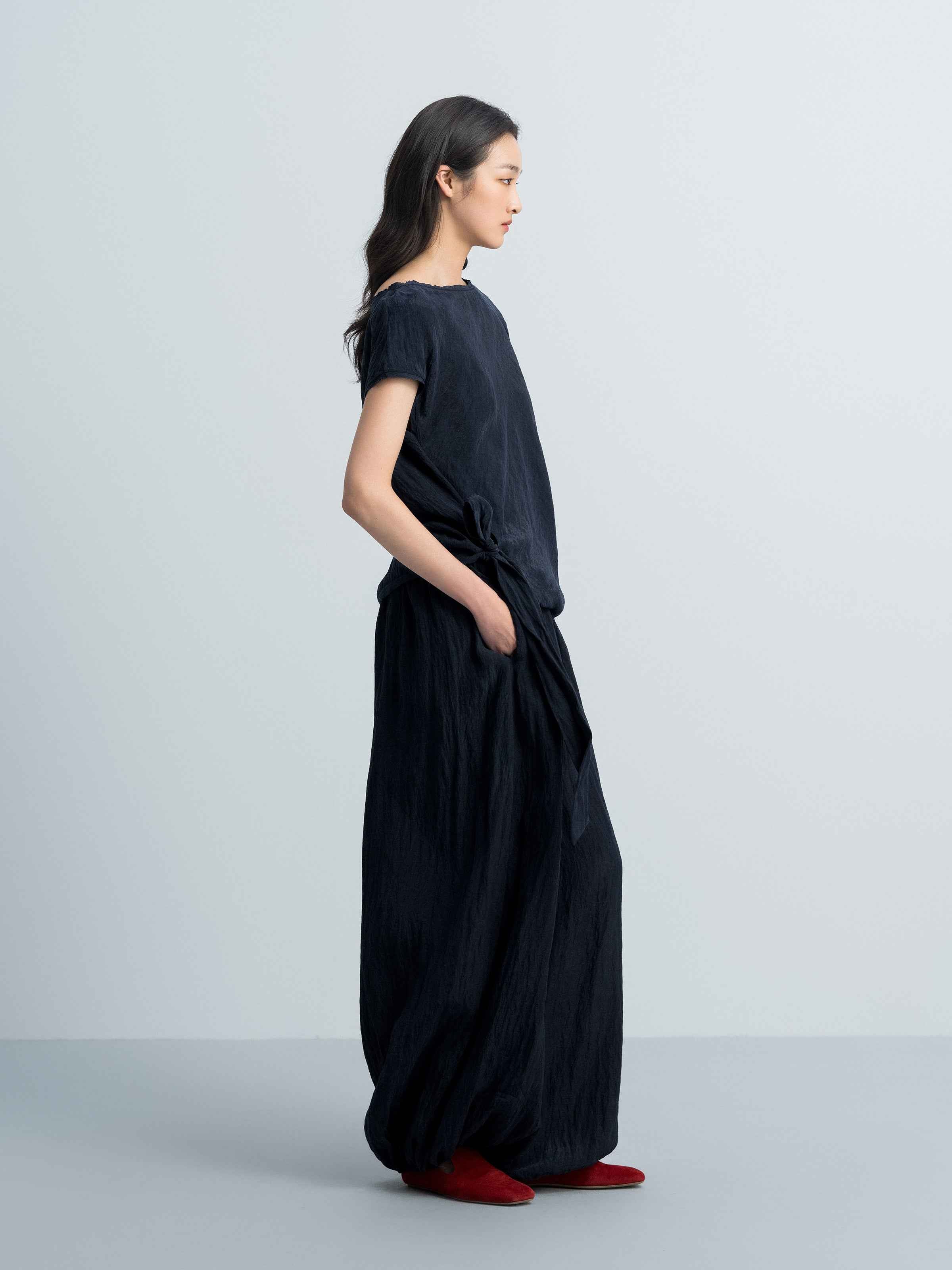 Navy Blue Tencel Snow-Washed Asymmetric Sleeve Cocoon Top