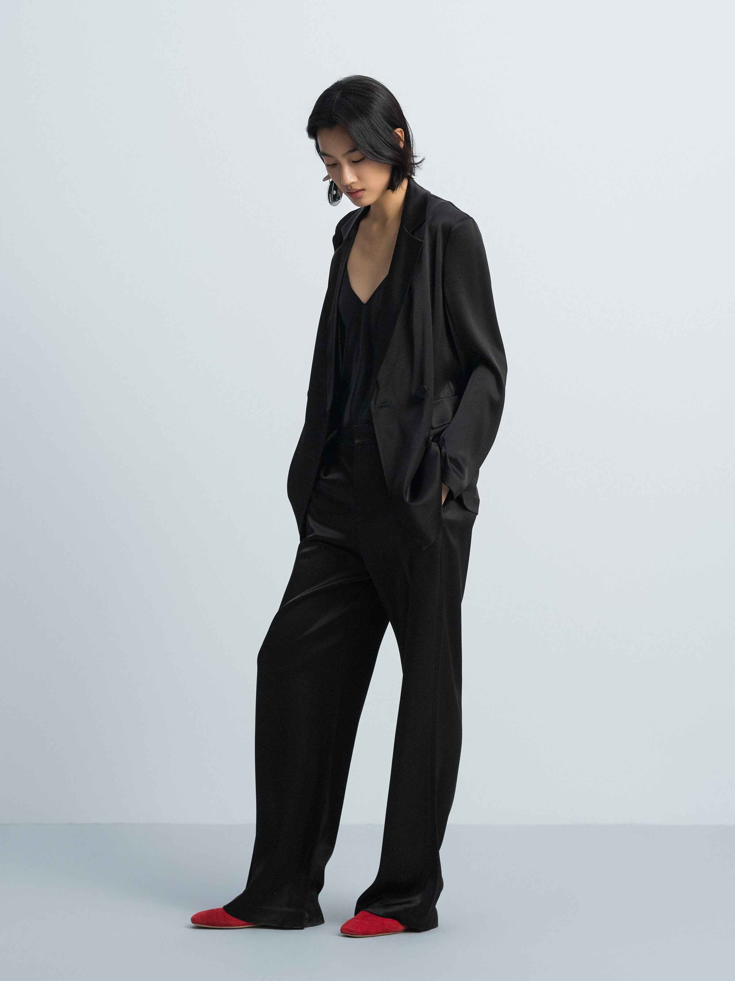 Black Triacetate Satin Classic Straight Blazer
