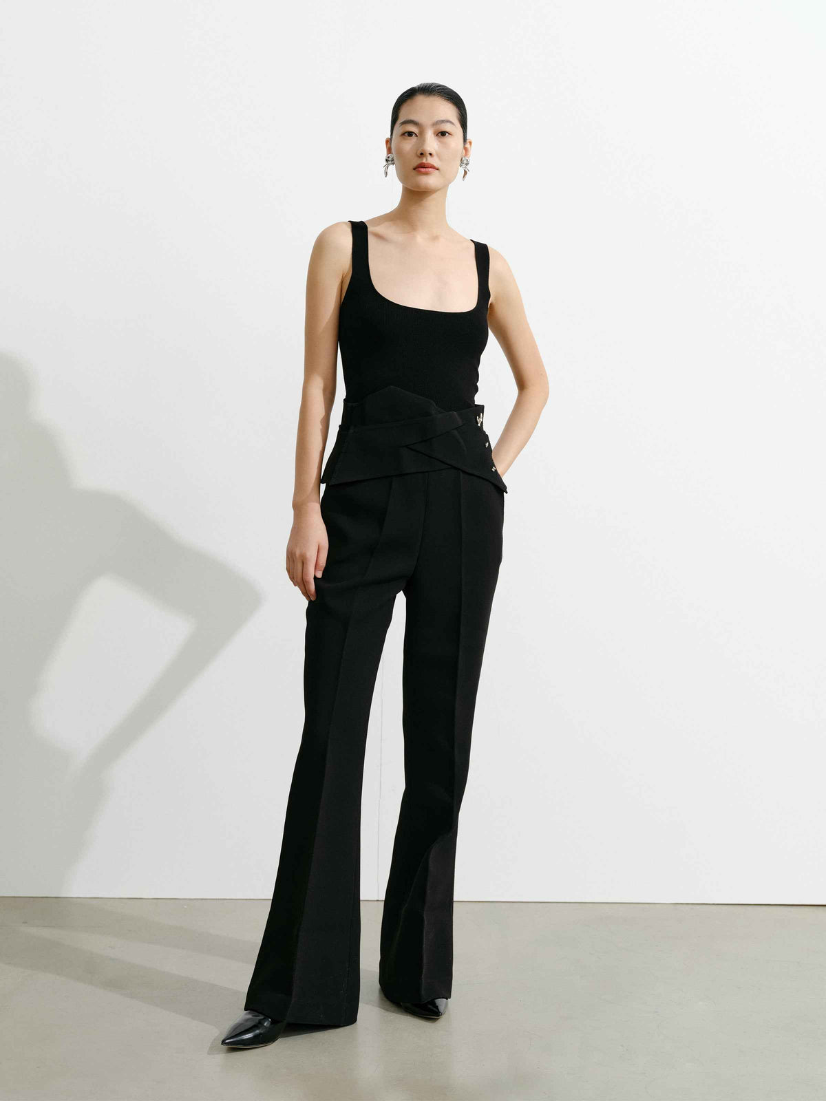 Waistband‑Decorated Flare Trousers