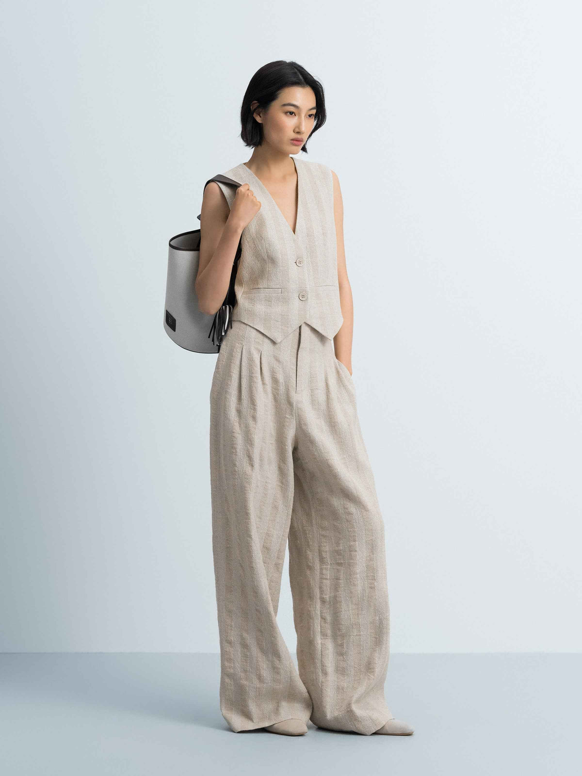 Beige Linen Cotton Striped V-Neck Triangular Hem Vest