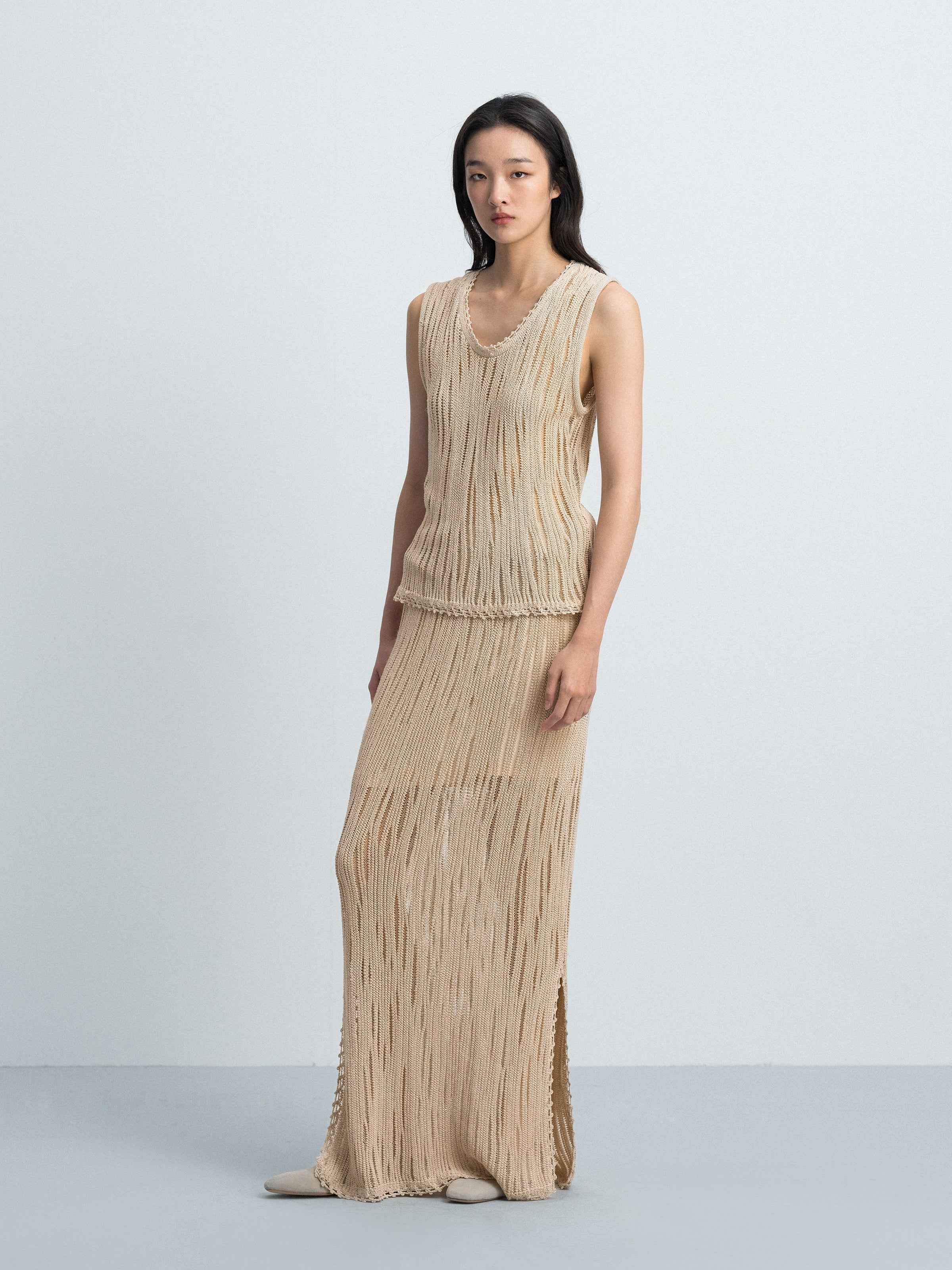 Light Khaki Openwork Lace Trim Side Slit Knit Skirt