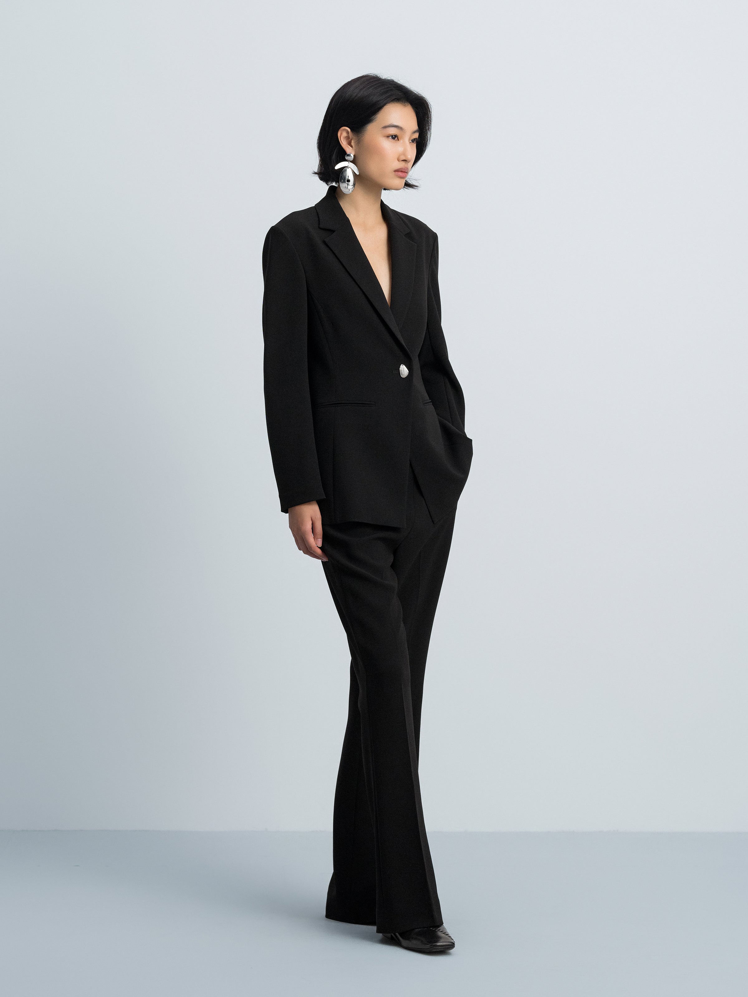 Black Triacetate Polyester Printed Flip Panel Flared Trousers