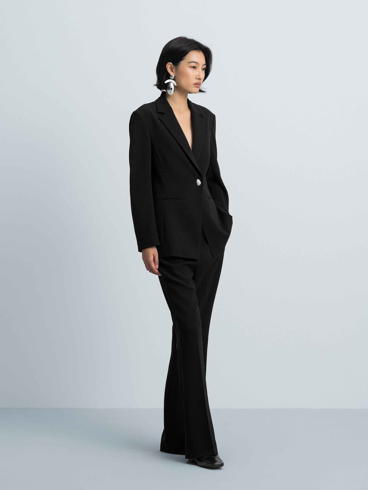 Black Triacetate Polyester Printed Flip Panel Flared Trousers