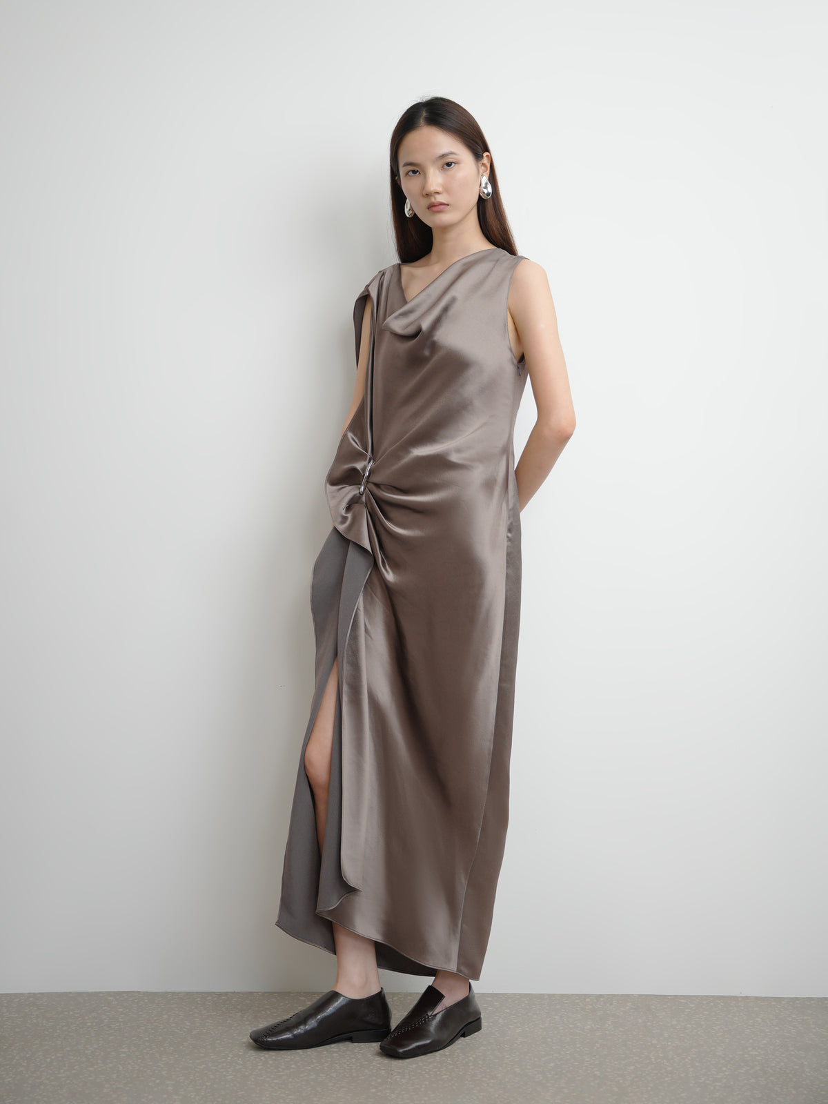 Cowl‑Neck Flowy‑Panel Dress
