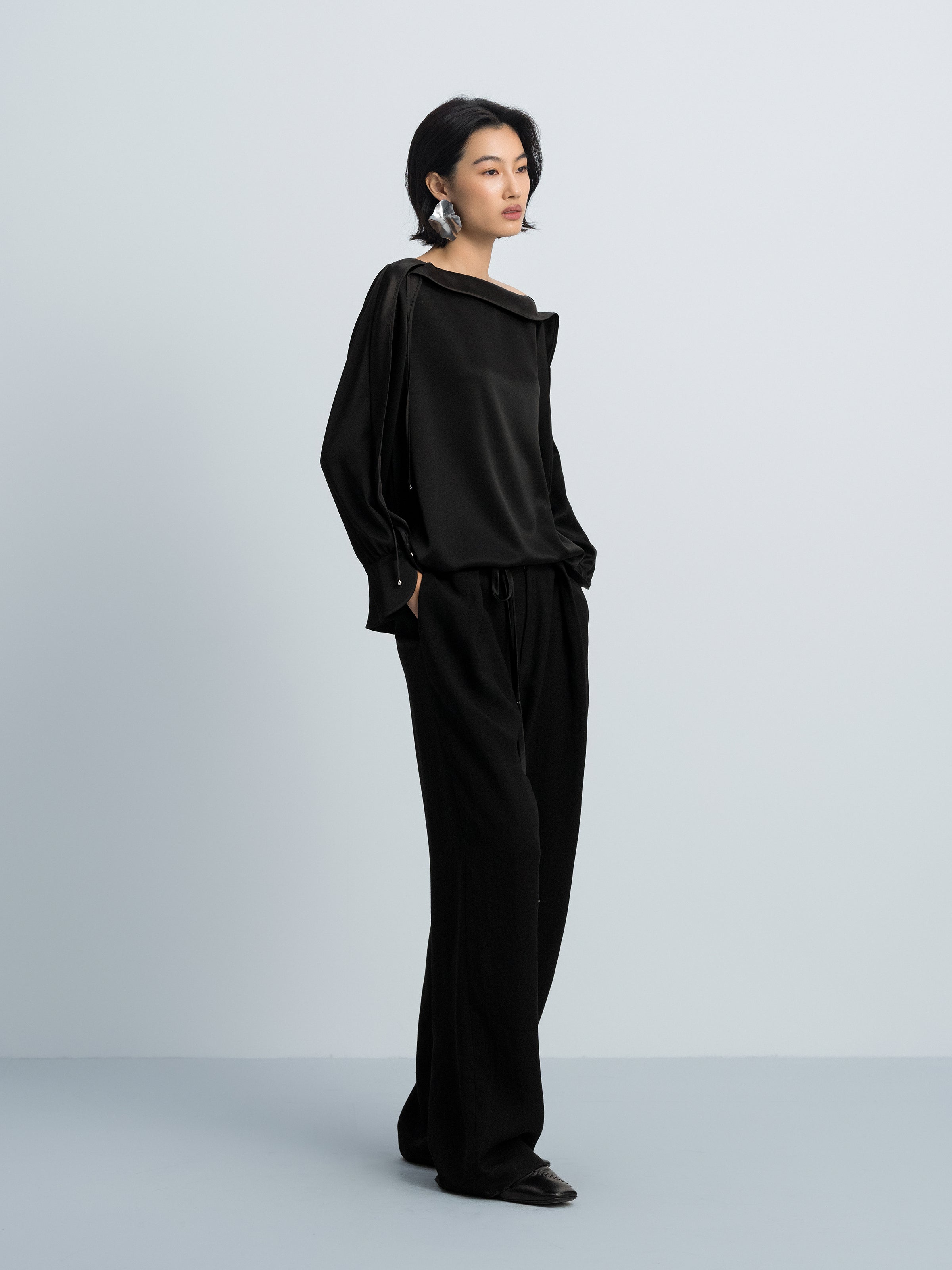 Black Acetate Double Satin Boat Neck Crossover Top