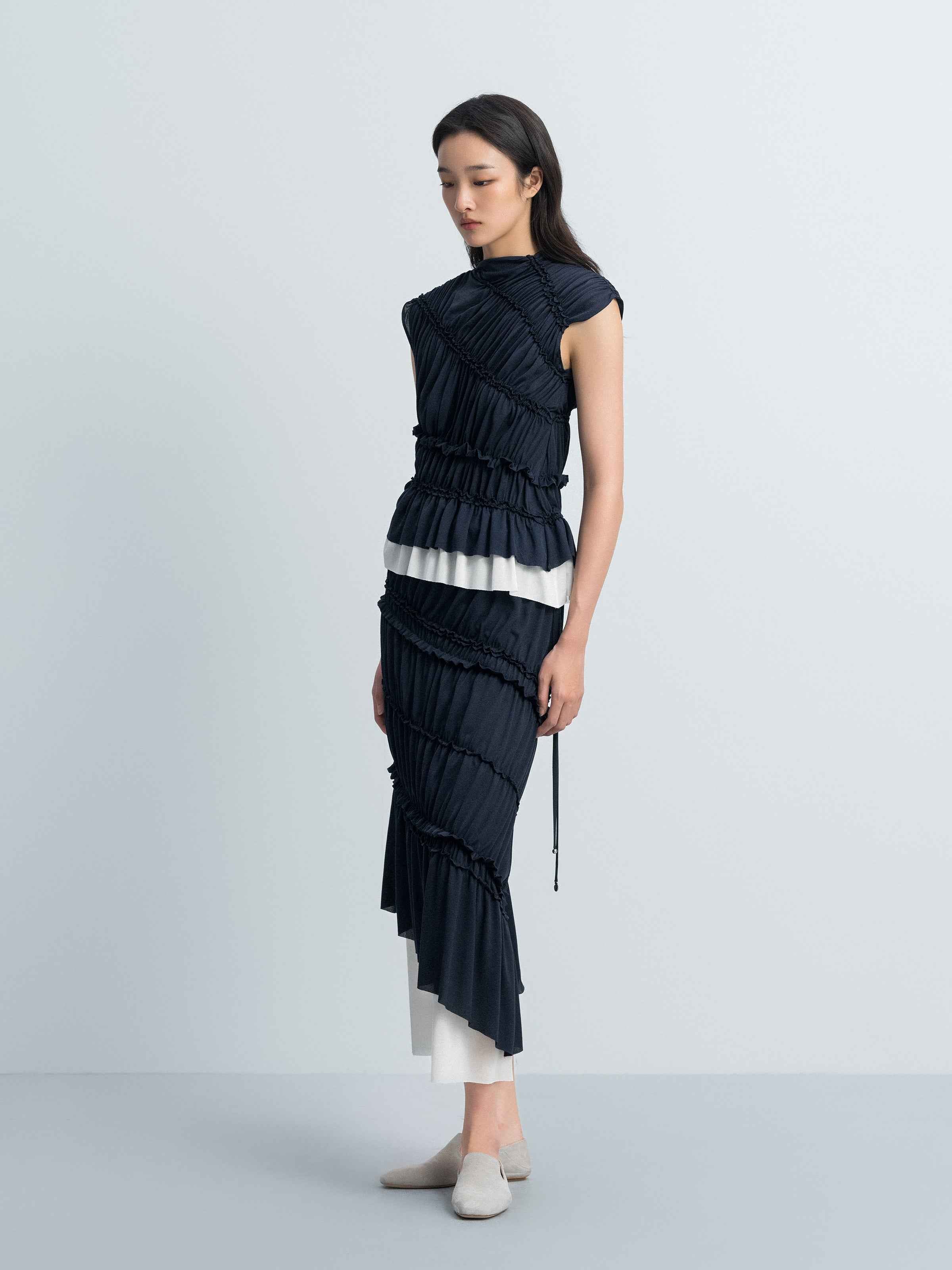 Navy Blue Acetate Knit Diagonal Shirring Irregular Midi Skirt