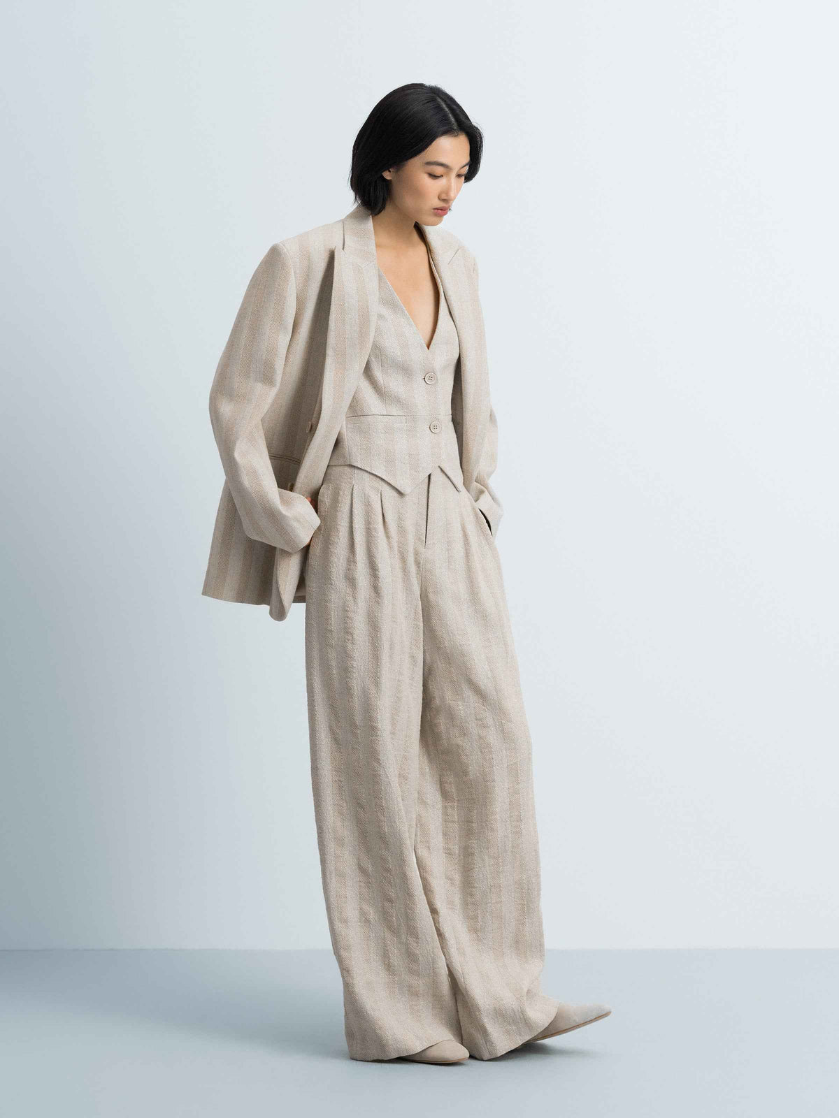 Beige Cotton Linen Peak Lapel Straight Blazer