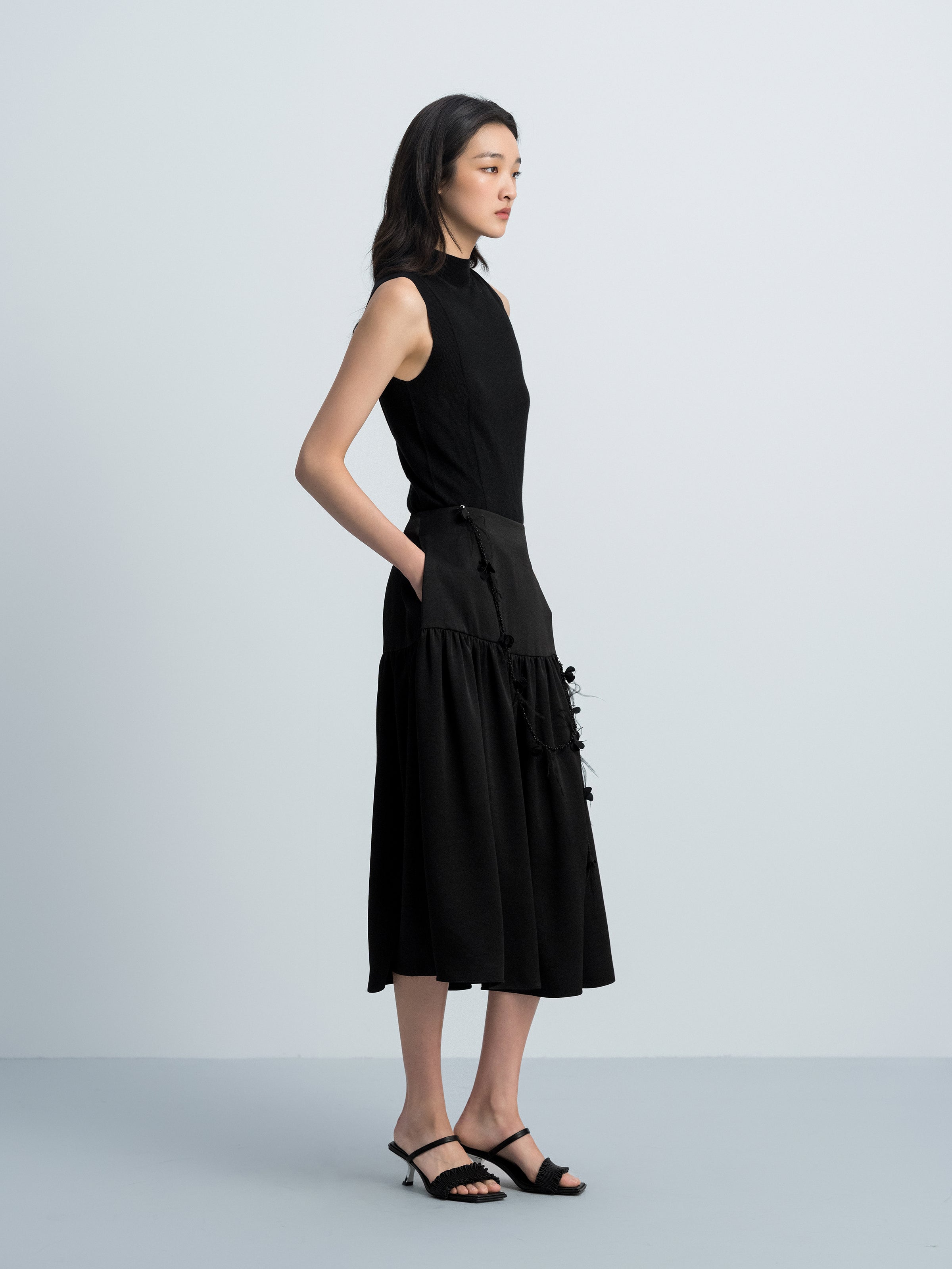 Black Triacetate 3D Pleat Ruched Patchwork Midi Skirt