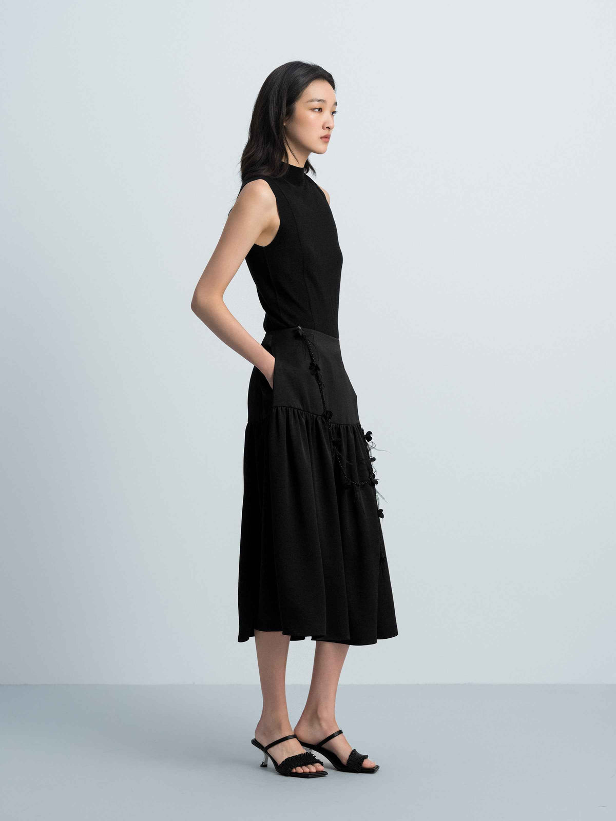 Black Triacetate 3D Pleat Ruched Patchwork Midi Skirt