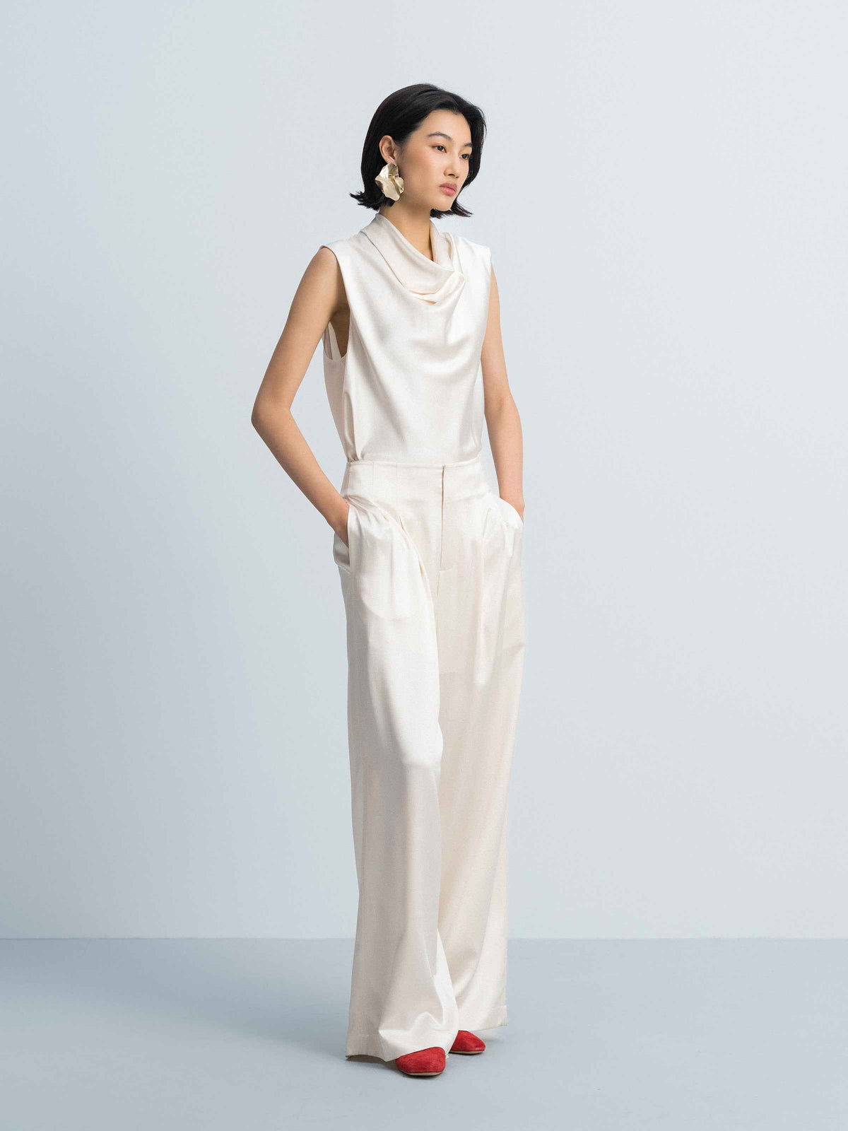 Beige Yellow Mulberry Silk Satin Draped Neck Sleeveless Top
