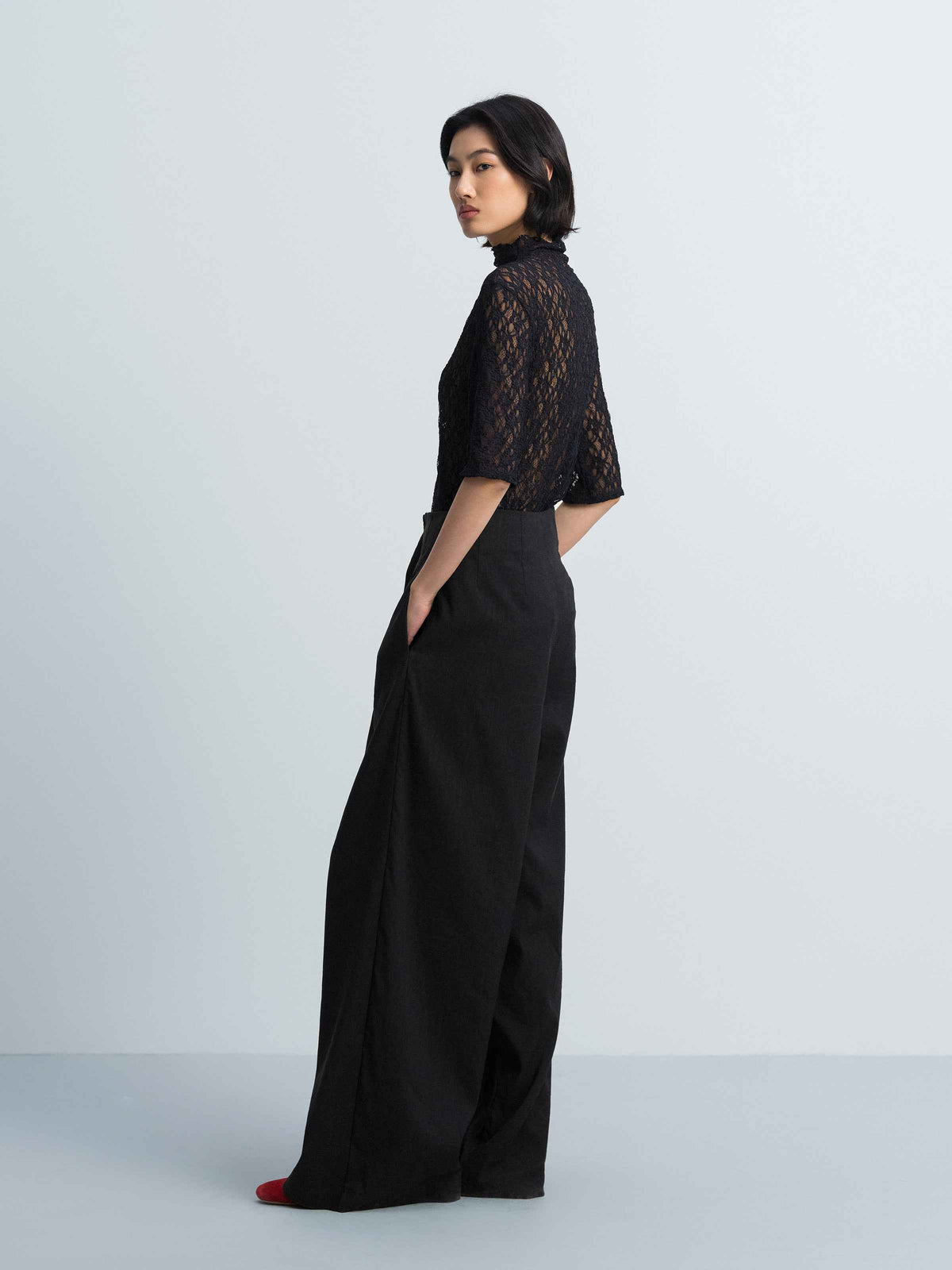 Navy Blue Stretch Lace Semi-High Neck Elbow-Sleeve Top