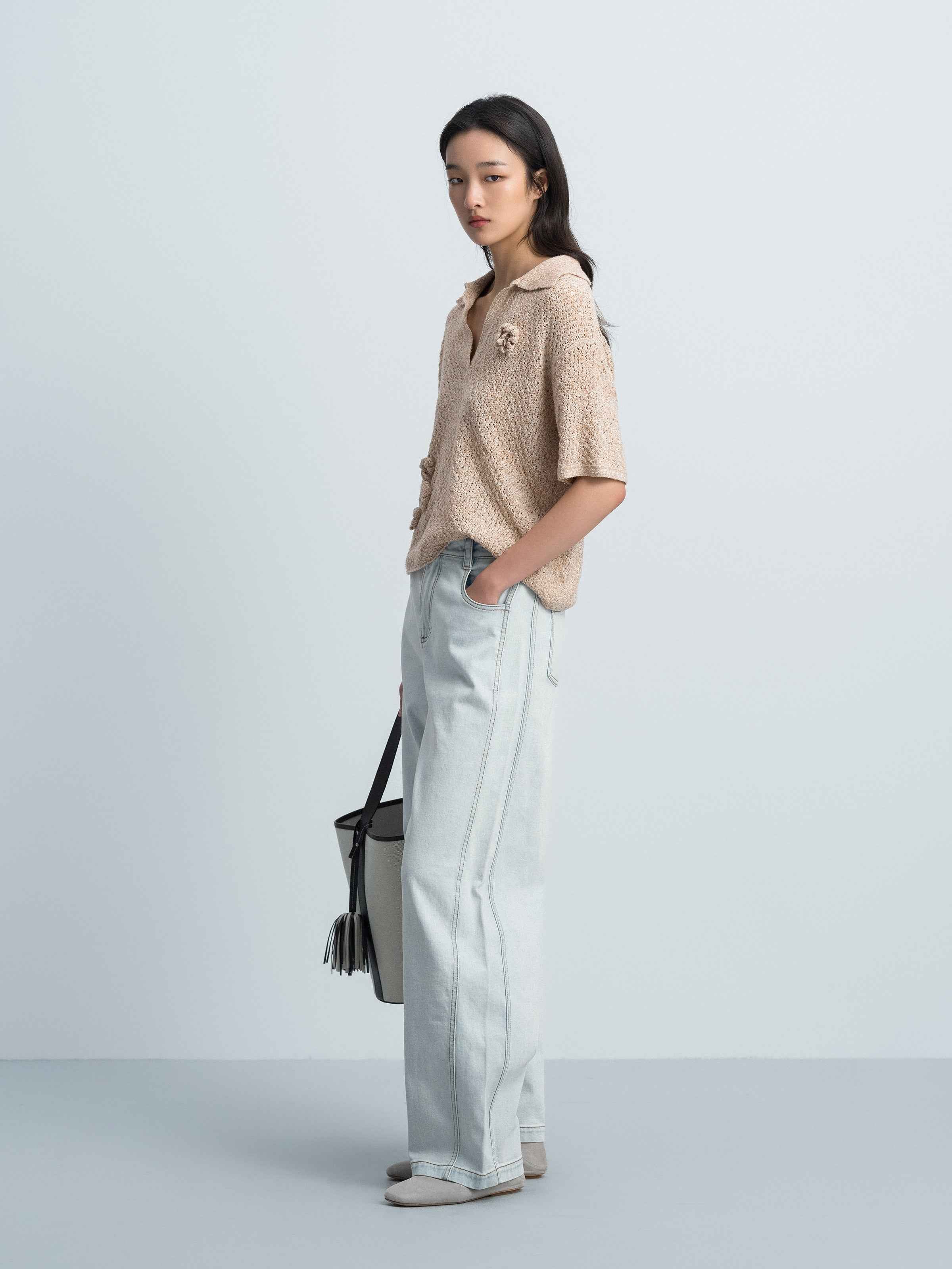 Light Blue Washed Denim Curved Relaxed Tapered Trousers