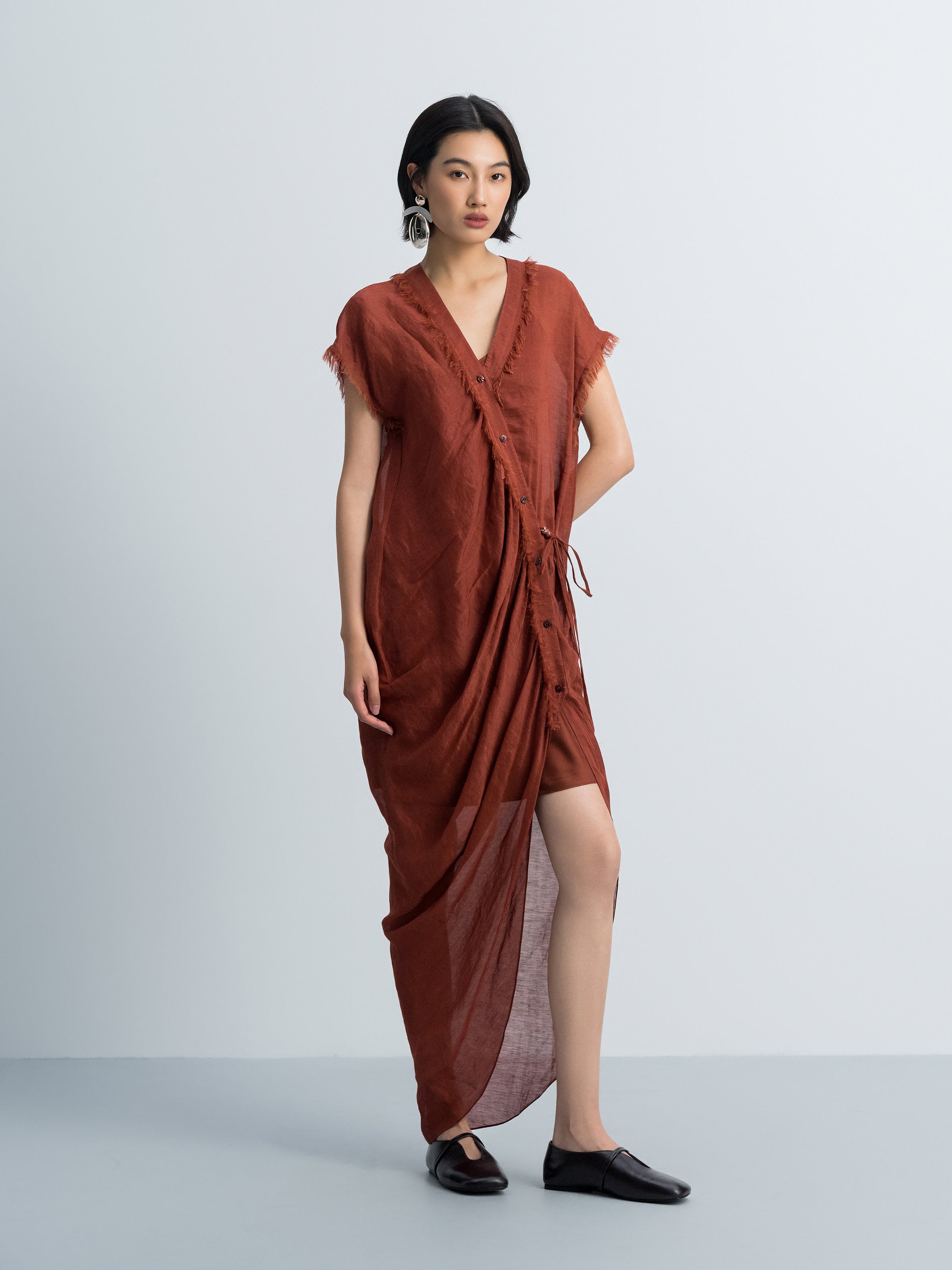 Dark Red Silk Linen Bead Tie V-Neck Cap Sleeve Dress