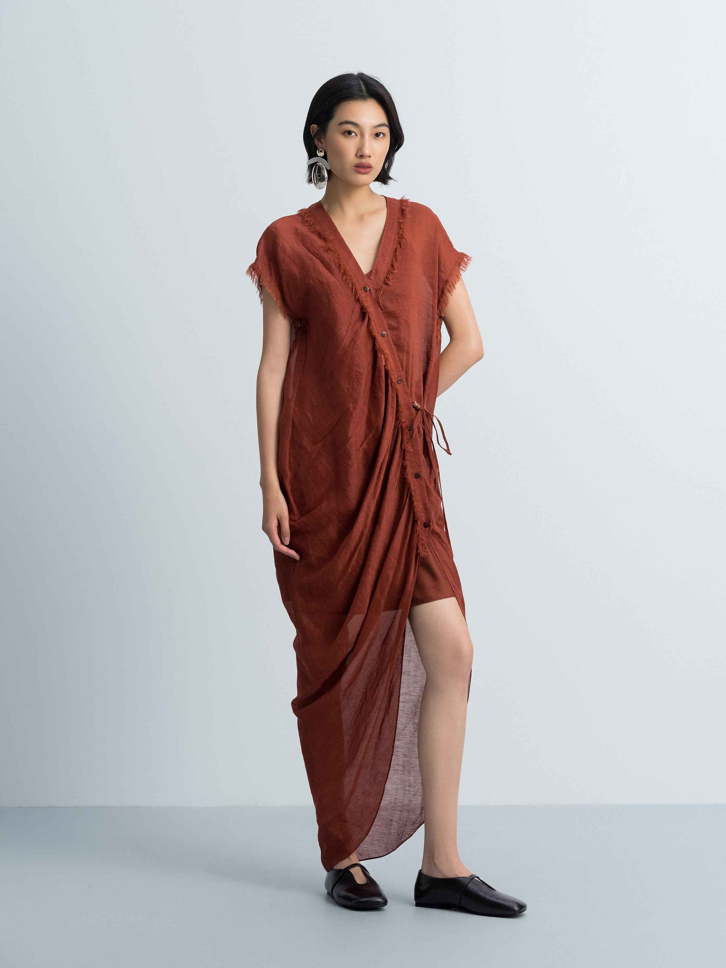 Dark Red Silk Linen Bead Tie V-Neck Cap Sleeve Dress
