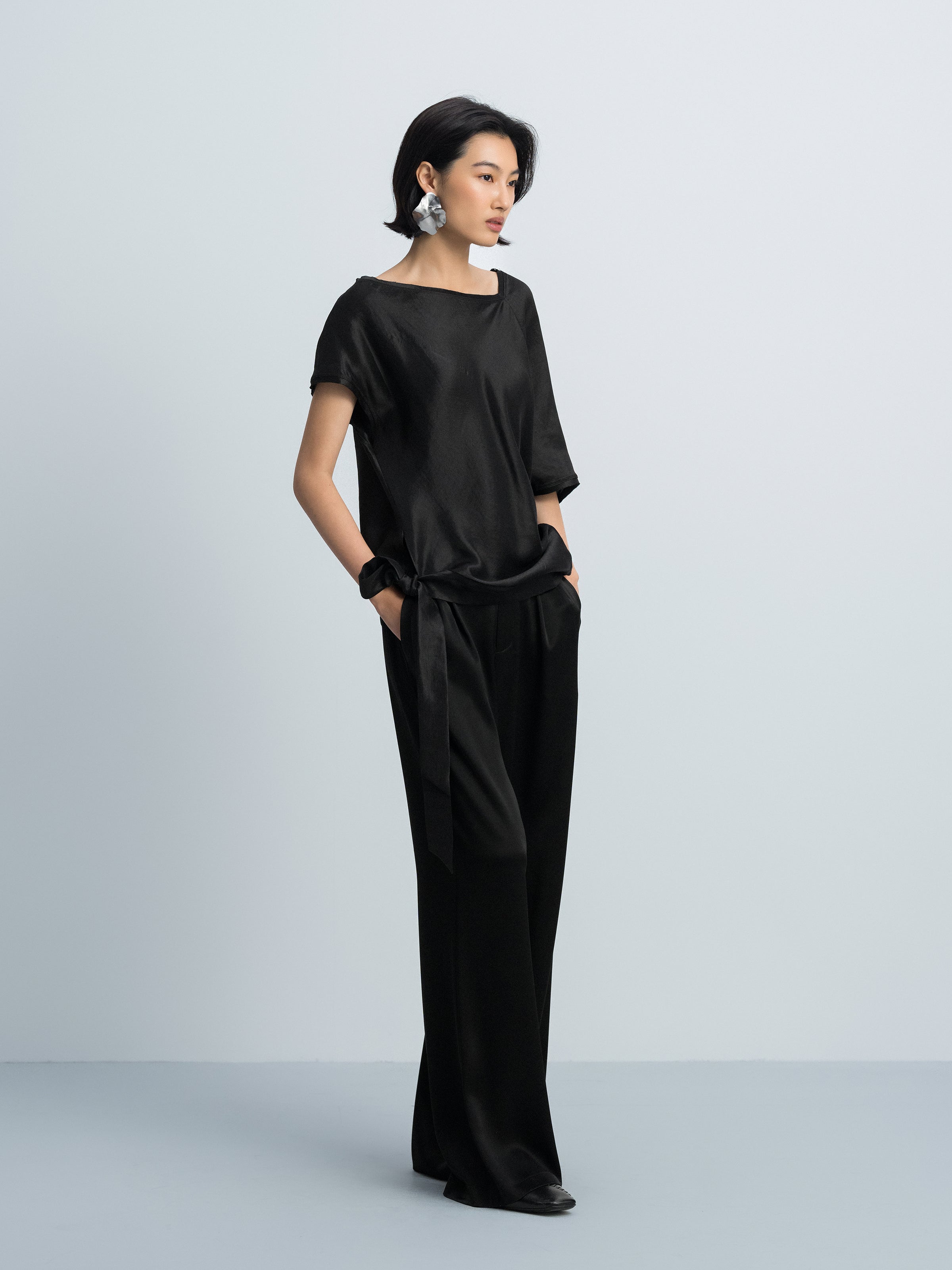 Black Shiny Silk Irregular Cocoon Asymmetric Sleeve Top