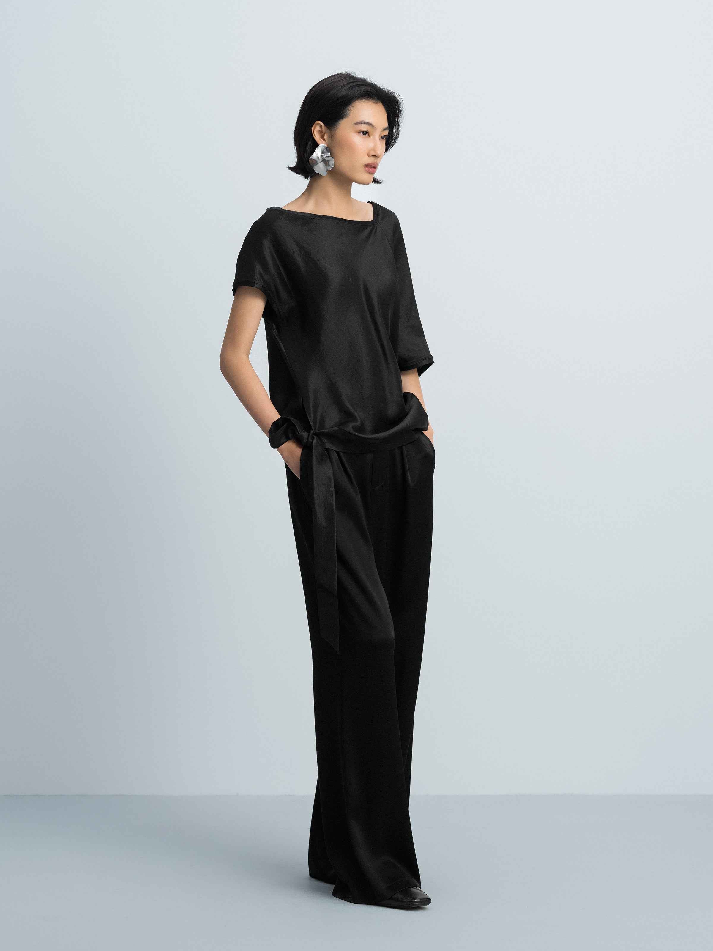 Black Shiny Silk Irregular Cocoon Asymmetric Sleeve Top