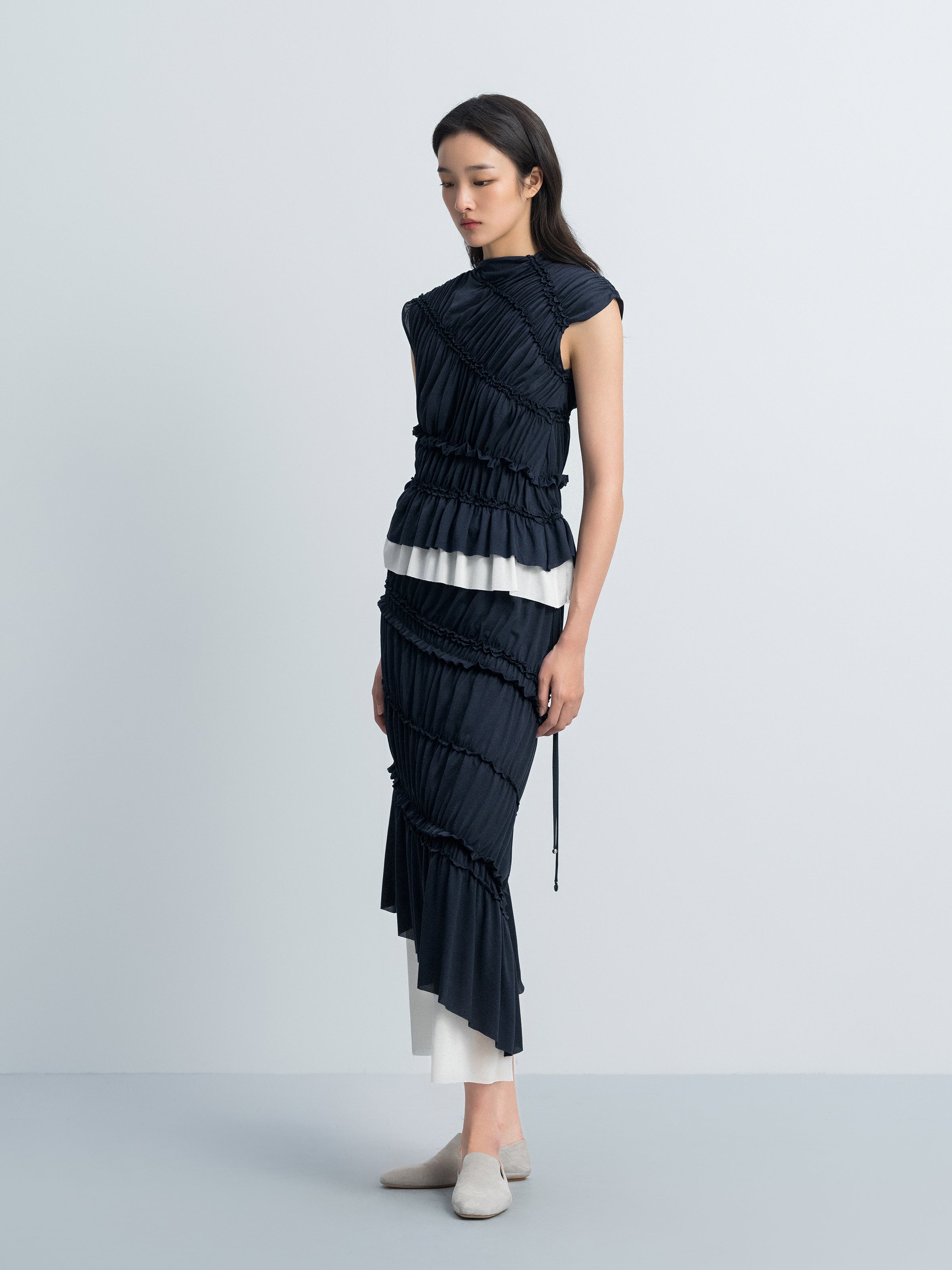 Navy Blue Acetate Knit Fitted Sleeveless Color-Block Top