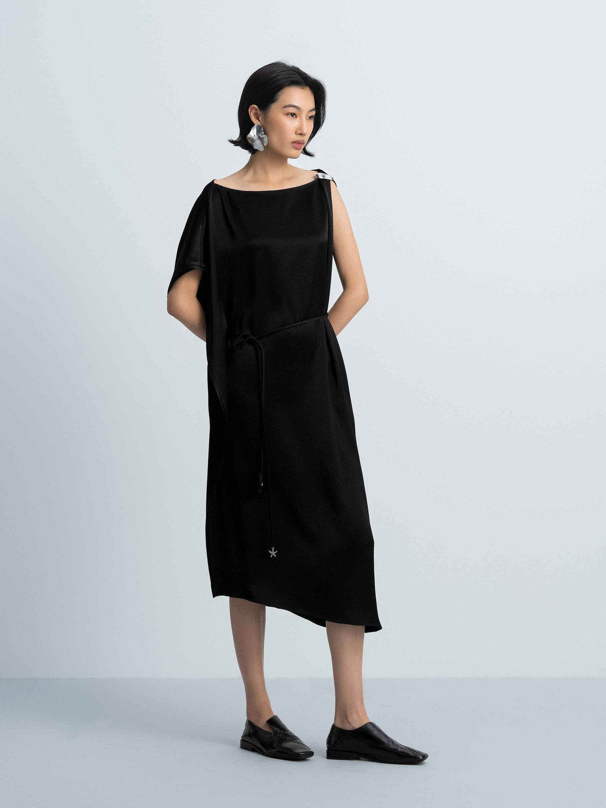 Black Acetate Satin Boat Neck Asymmetric Sleeve Dress
