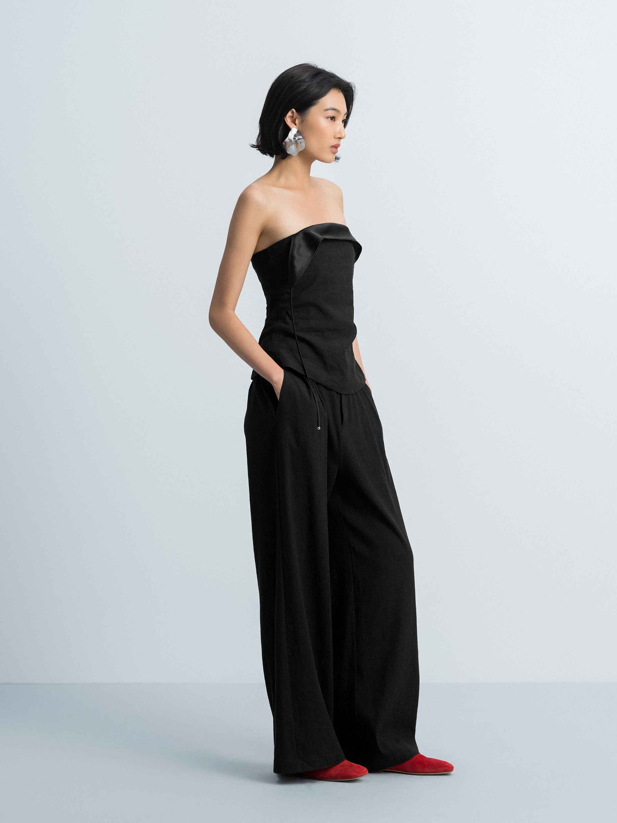Black Linen Blend Double Pleat Wide-Leg Trousers