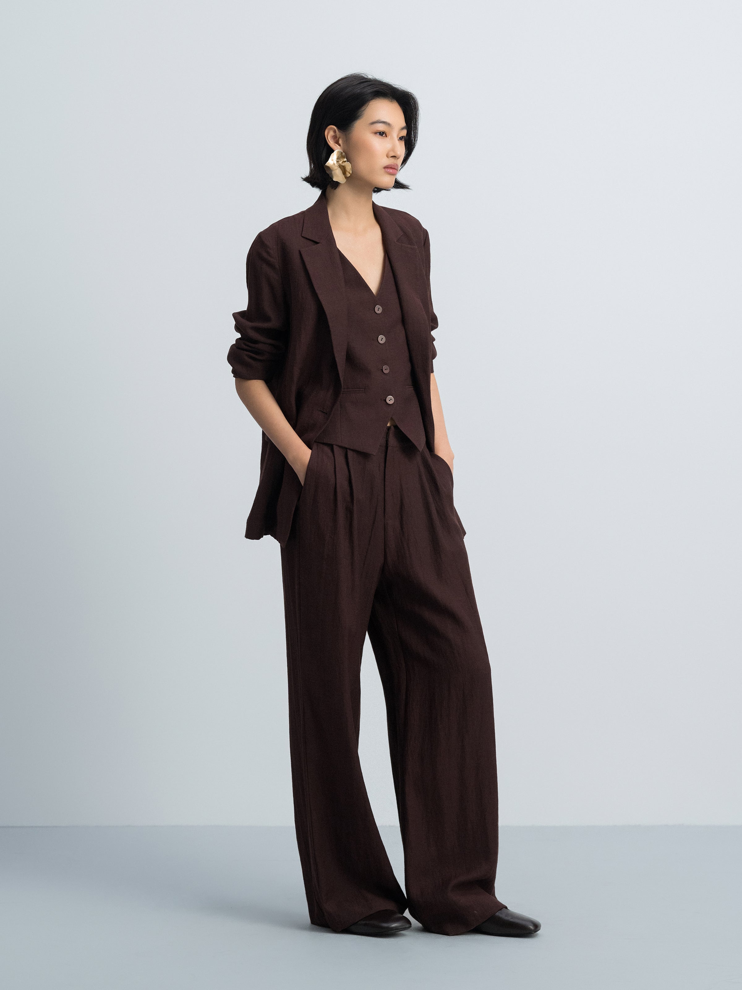 Coffee Brown Linen Blend Straight Notch Lapel Blazer