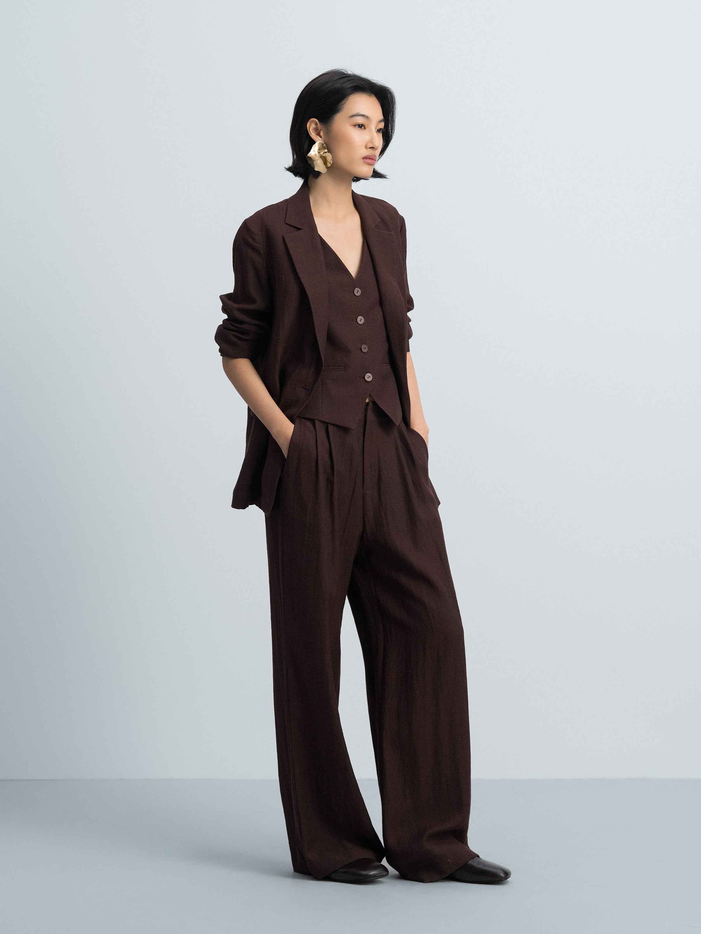 Coffee Brown Linen Blend Straight Notch Lapel Blazer