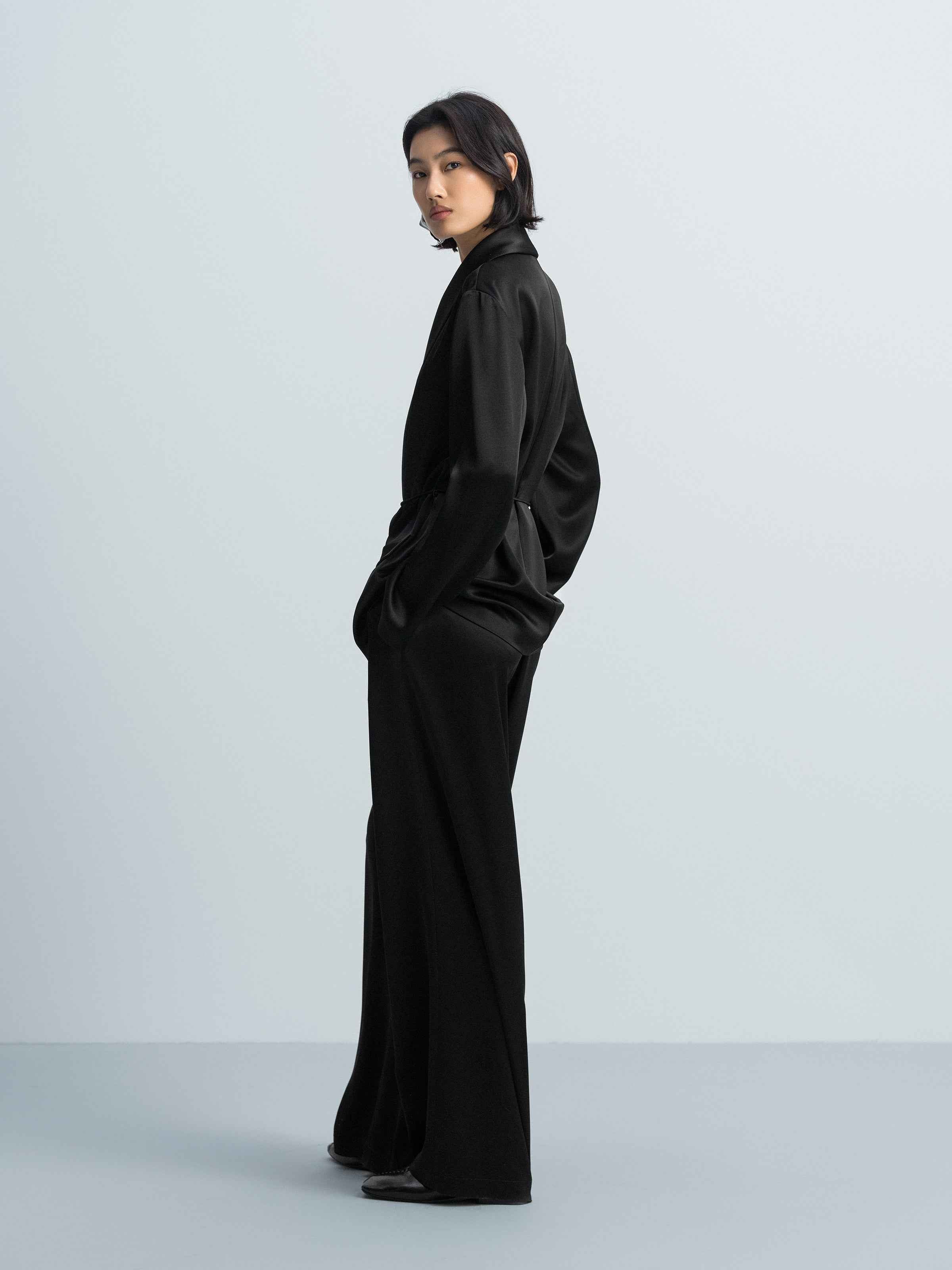 Black Water Wave Satin Shawl Collar Drawstring Blazer