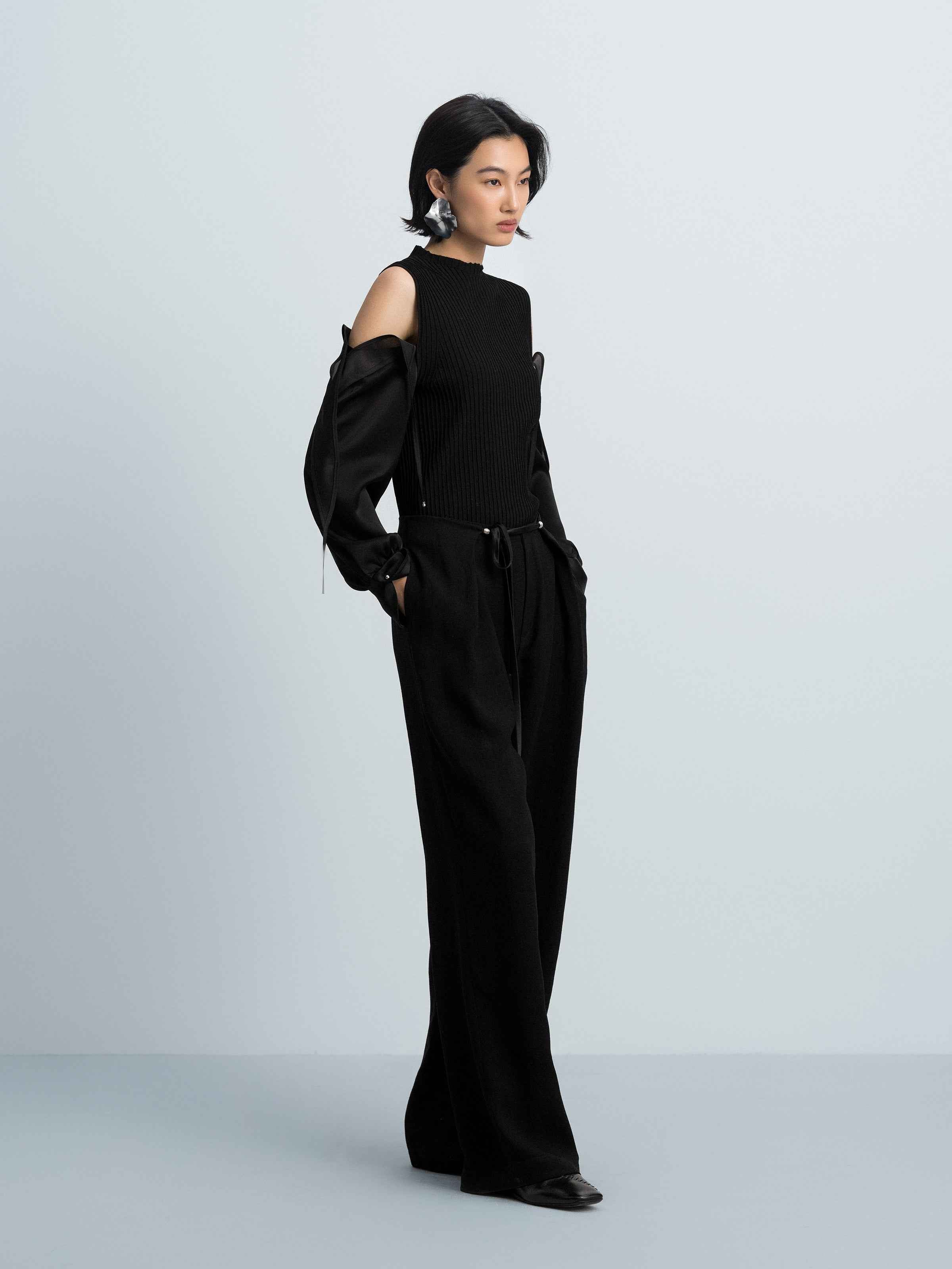 Black Viscose Satin Organza High Neck Slim Top