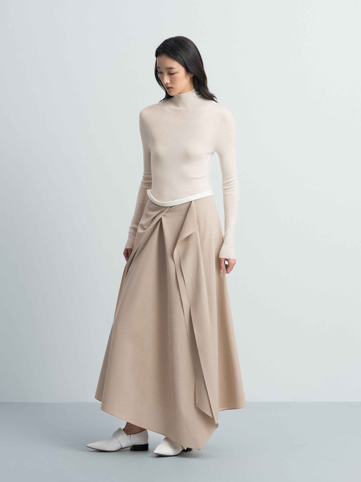 Light Khaki Worsted Wool A-Line Front Pleat Skirt