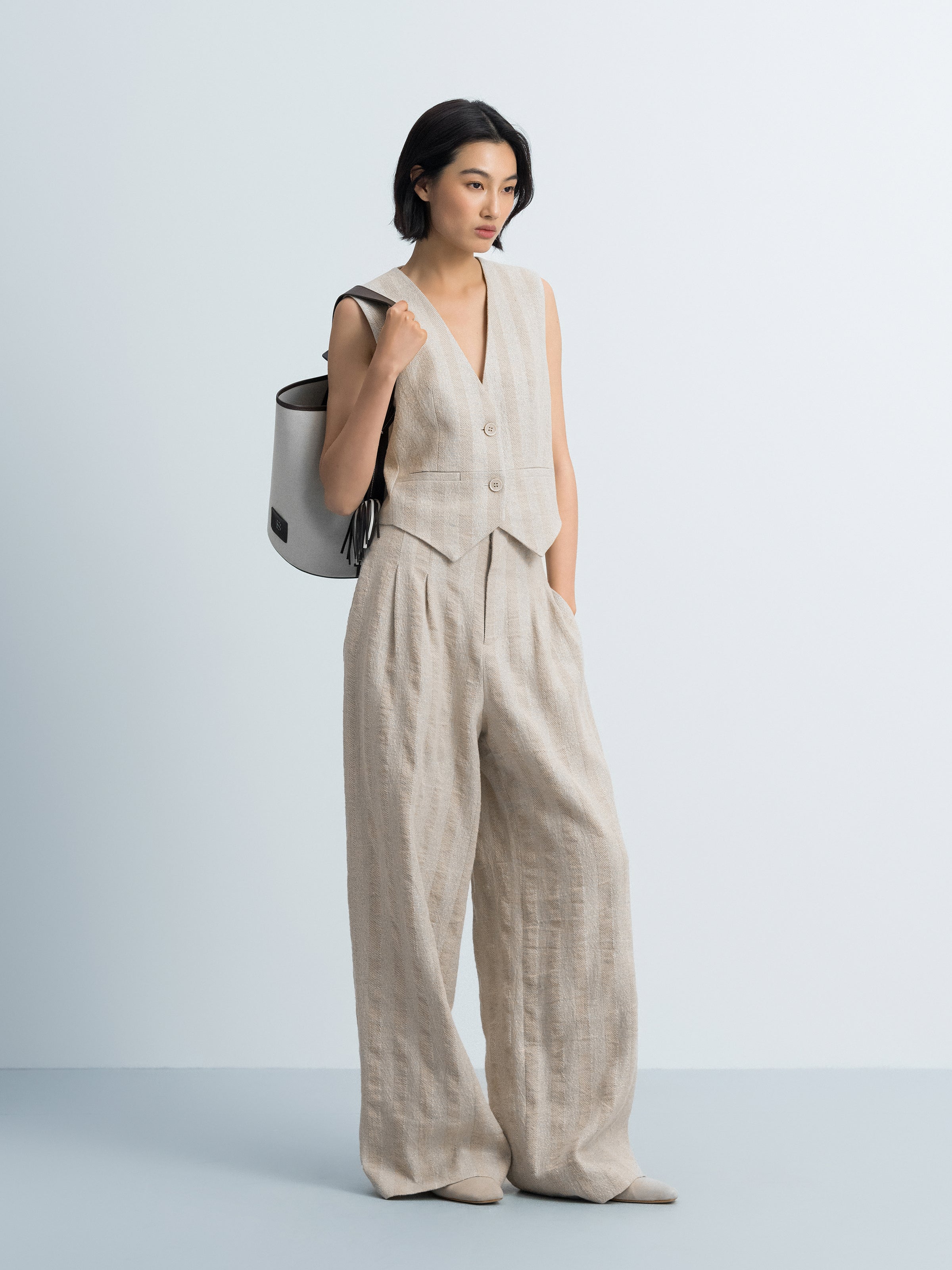 Beige Linen Cotton Striped Relaxed Wide-Leg Trousers