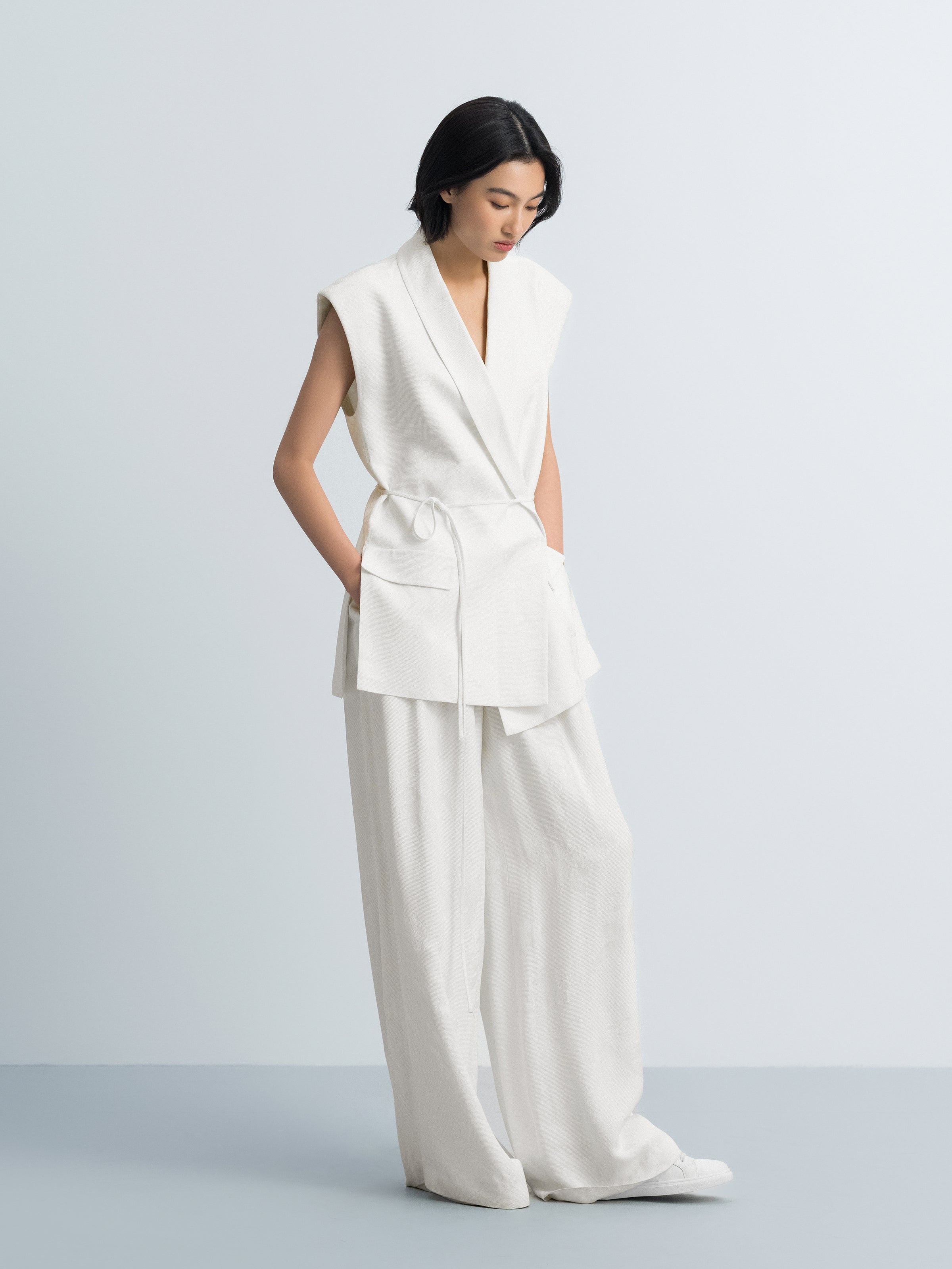 Cream White Rayon Jacquard High-Waist Wide-Leg Trousers