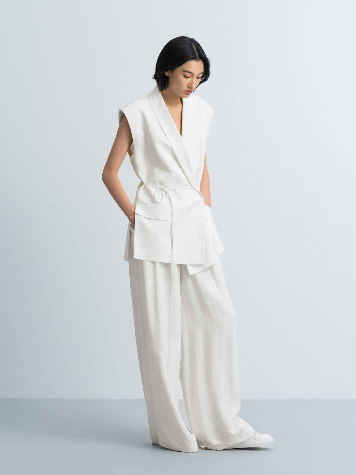 Cream White Rayon Jacquard High-Waist Wide-Leg Trousers