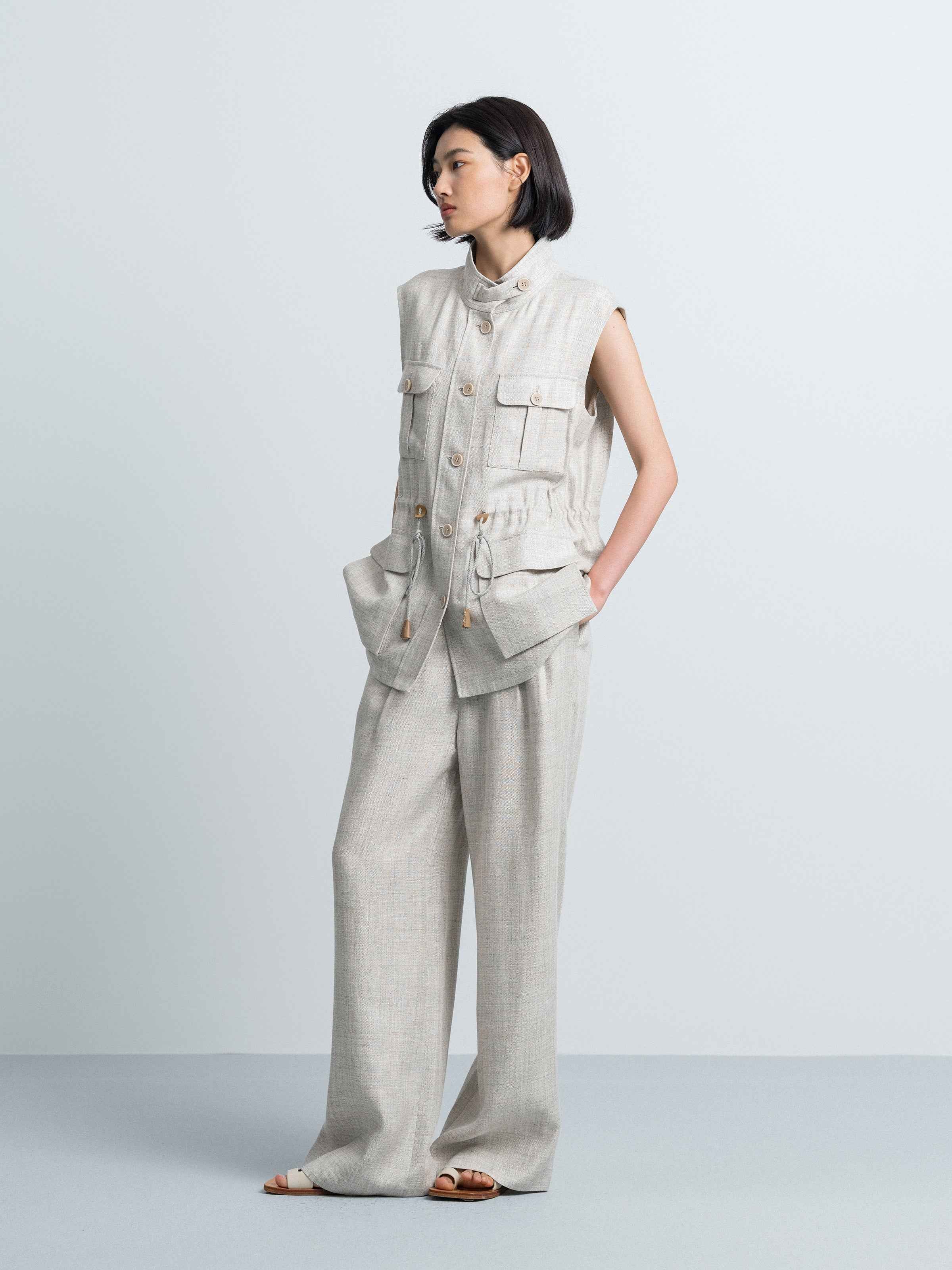 Light Gray Linen Viscose Stand Collar Midi Vest