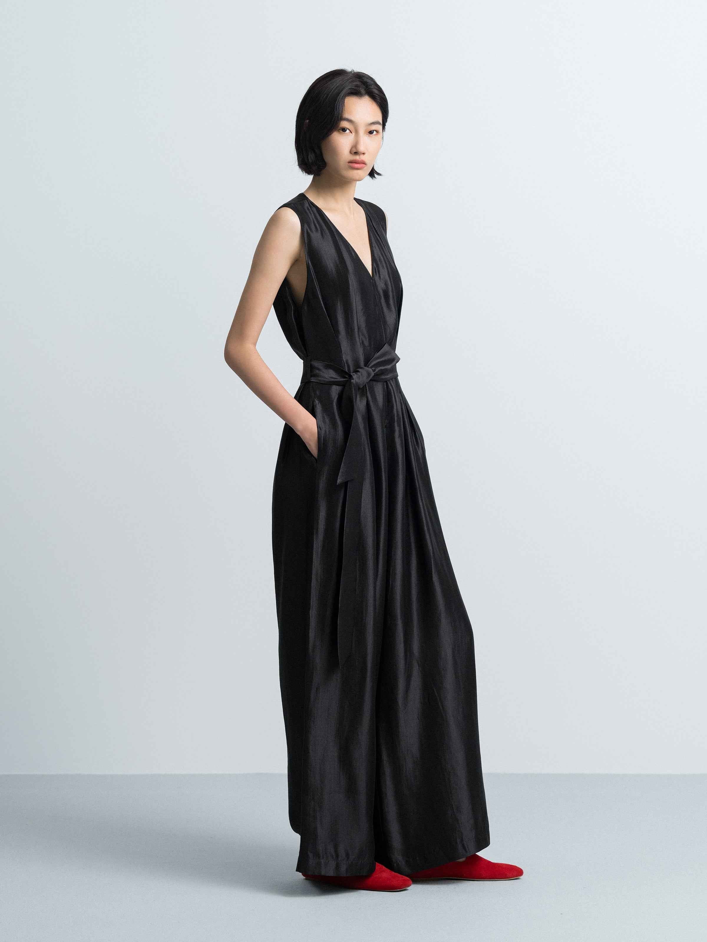 Black Shiny Silk Fitted Waist Wide Streamer Jumpsuit