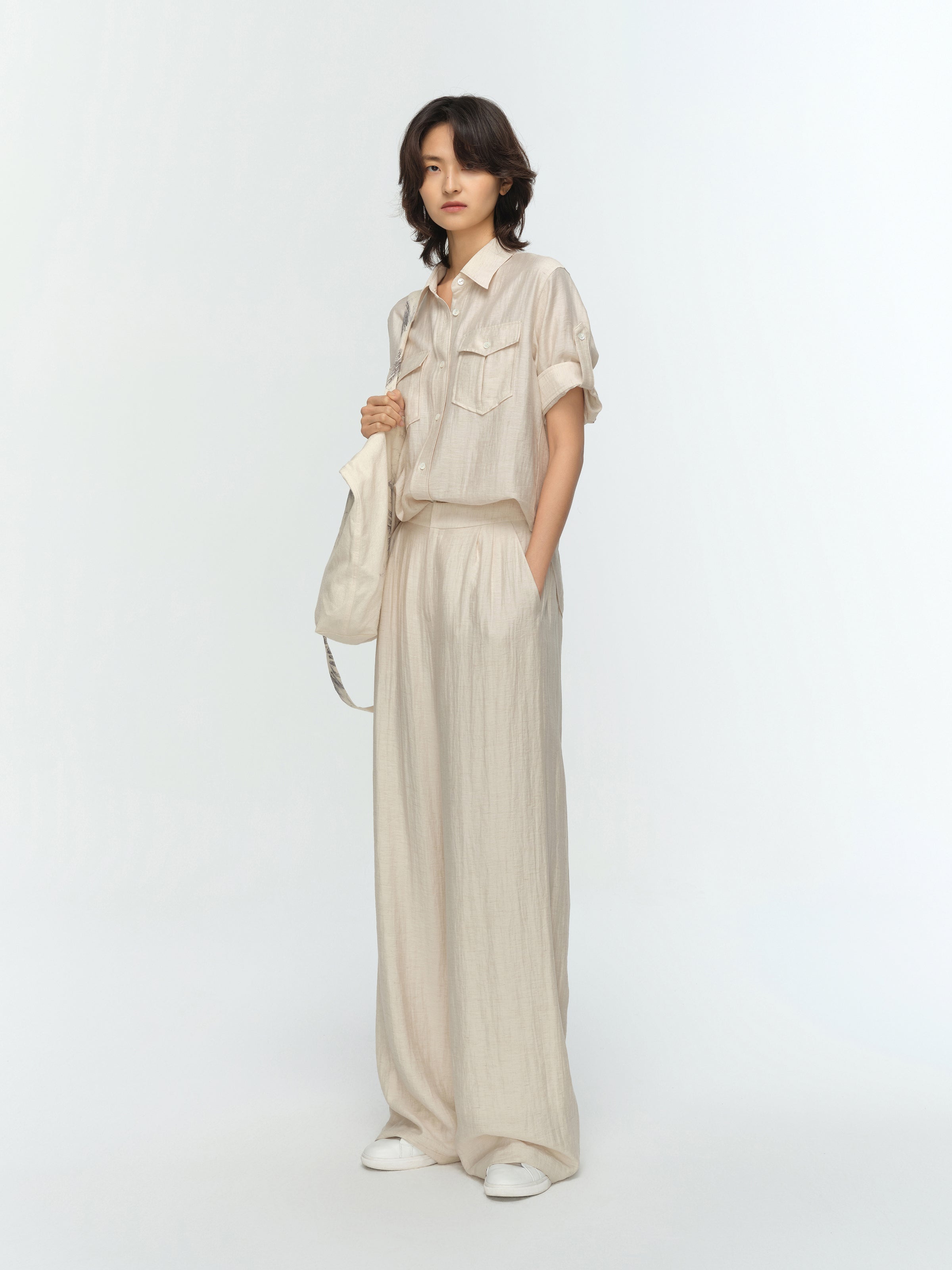 Cream White Linen Utility Pocket Straight Short-Sleeve Shirt