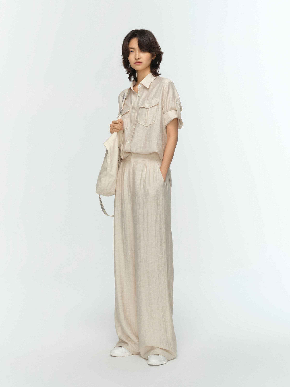 Cream White Linen Utility Pocket Straight Short-Sleeve Shirt