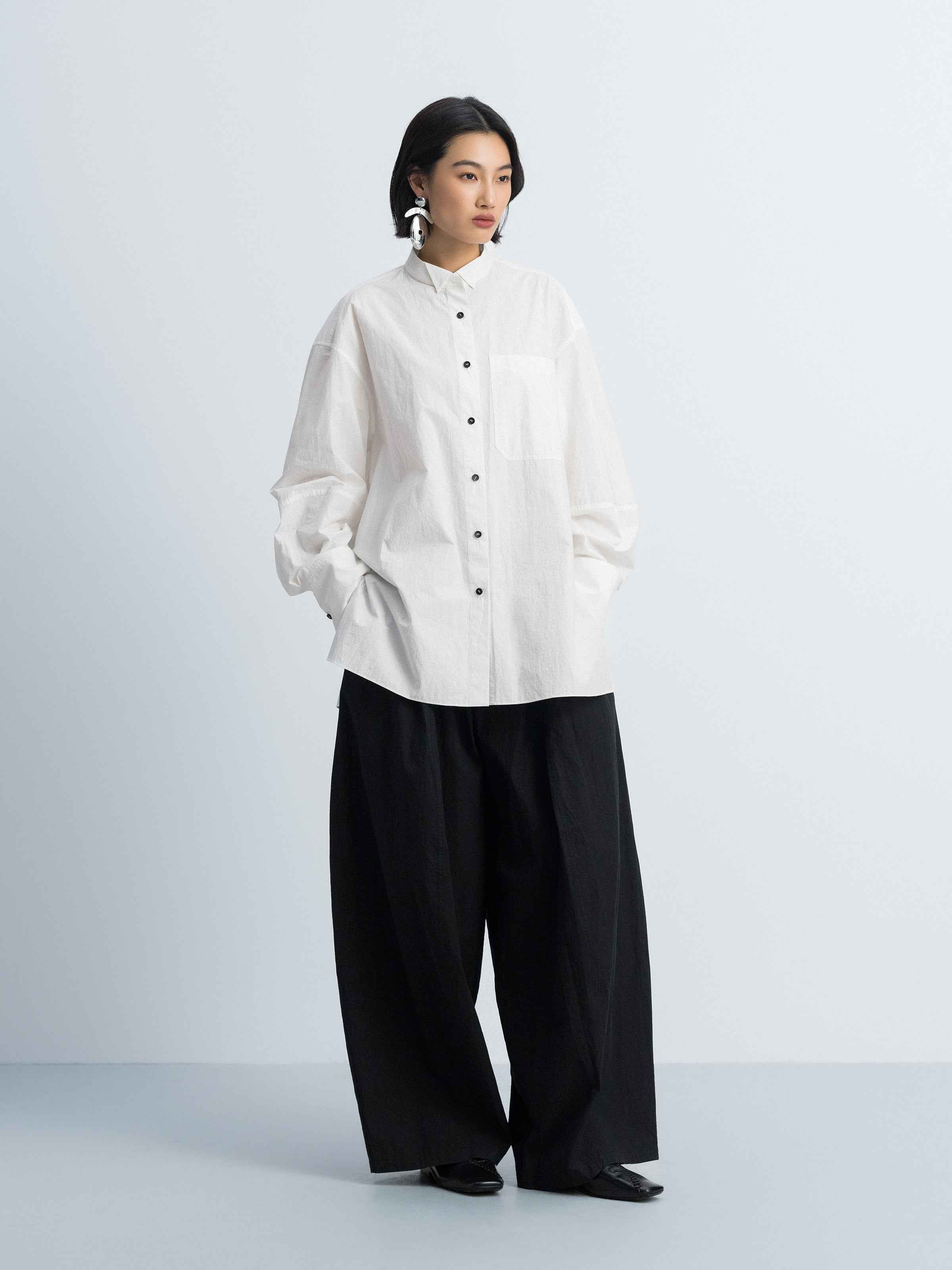 Off White Cotton Crinkle Contrast Button Side Slit Shirt
