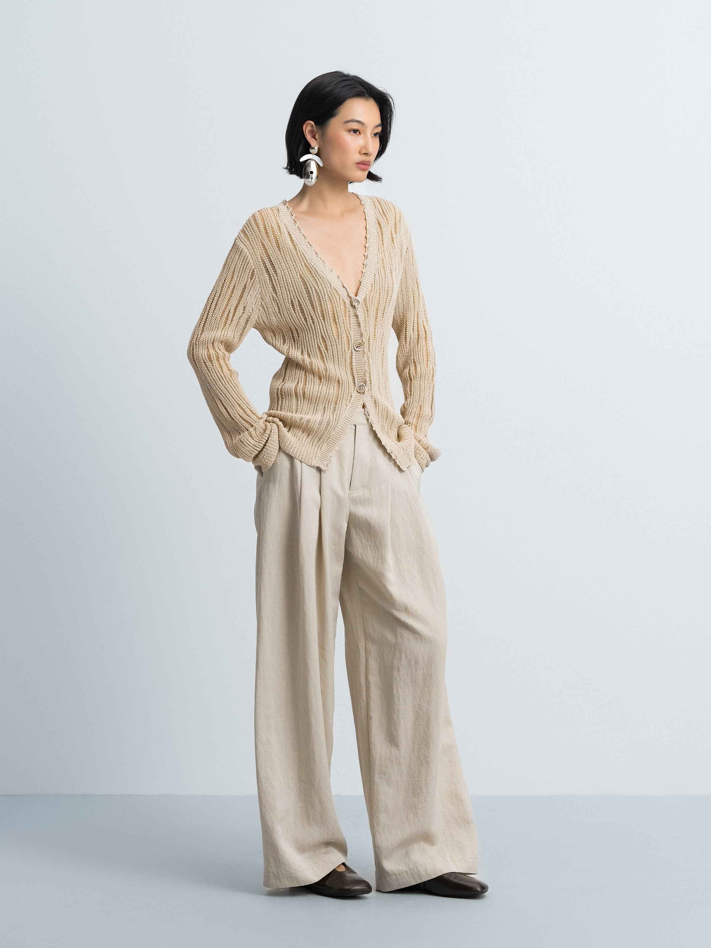 Light Khaki Openwork Floral Placket V-Neck Knit Cardigan