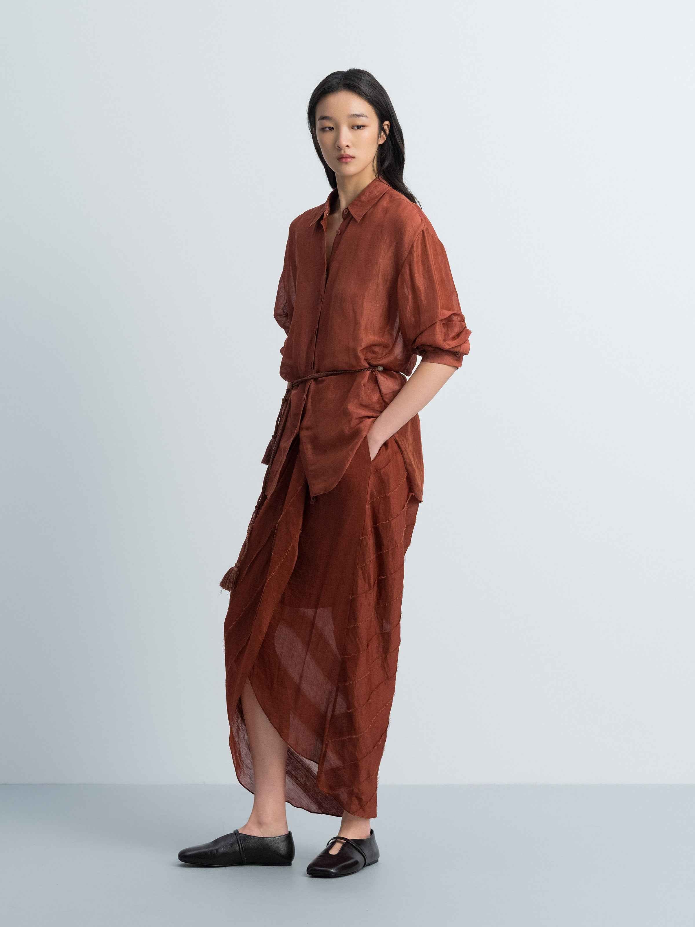 Dark Red Silk Linen Bead Tie Drop-Shoulder Long-Sleeve Shirt